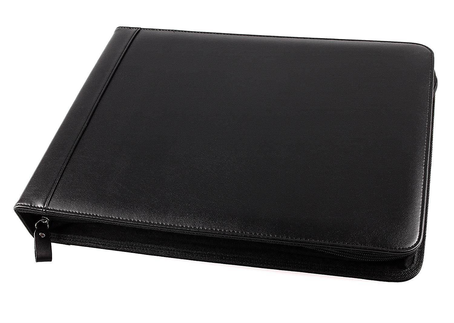 Business Check 7 Ring Binder for 3-Up Checks PU Leather Portfolio Checkbook Cover with Zipper (Black)
