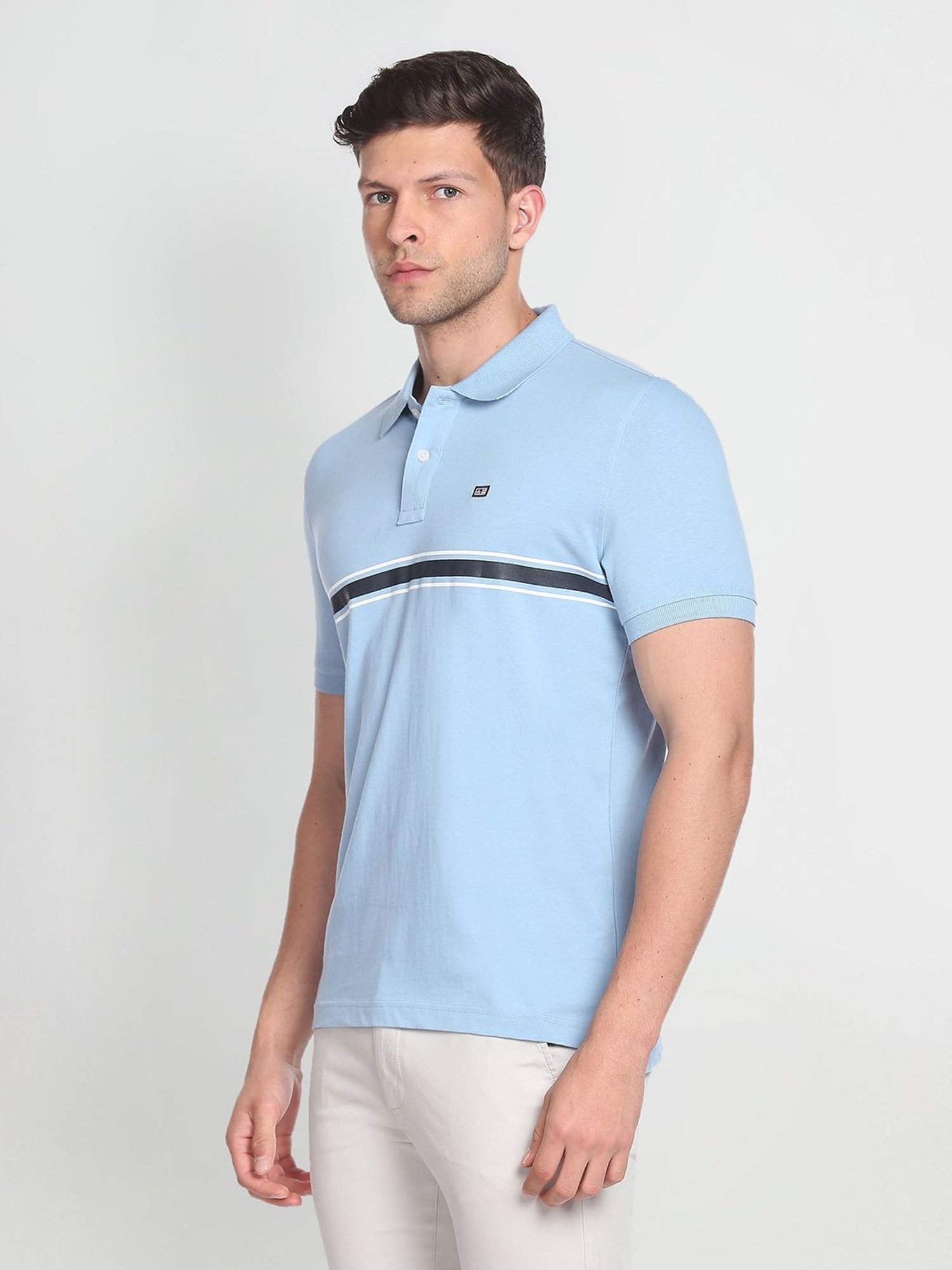 Arrow Sport Light Blue Regular Fit Striped Cotton Polo T-Shirt