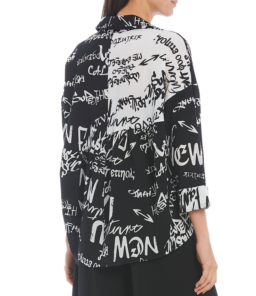 IC Collection Colorblock Graffiti Print 3/4 Sleeve Point Collar Crepe Button-Front Top