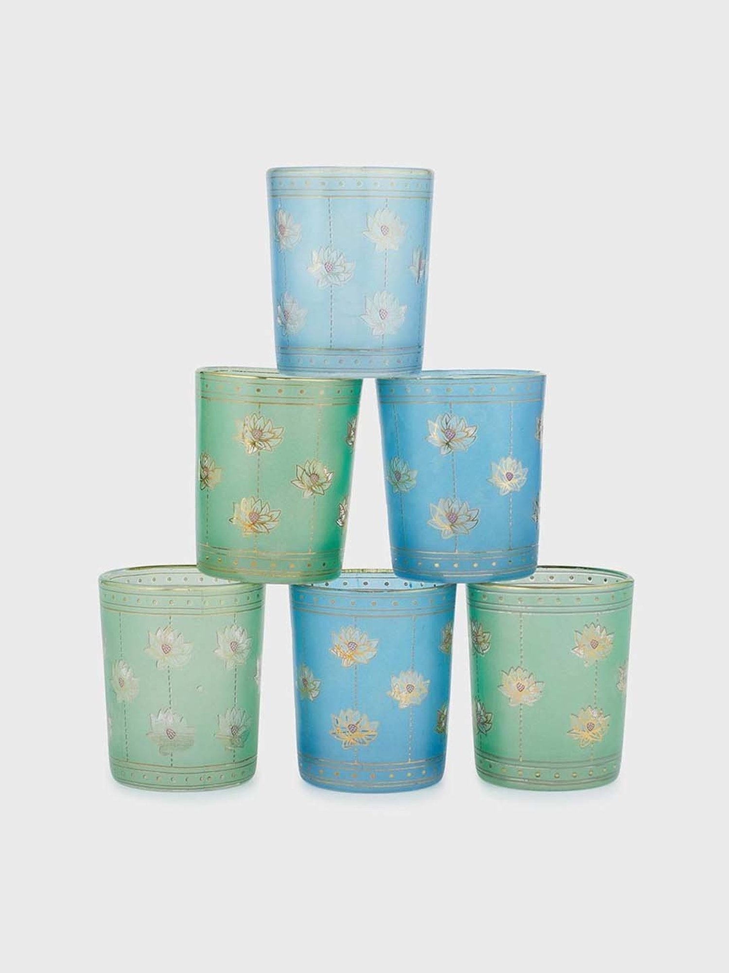 Fabindia Home Nalina Green & Blue Glass T-Lite Holder Gift Set