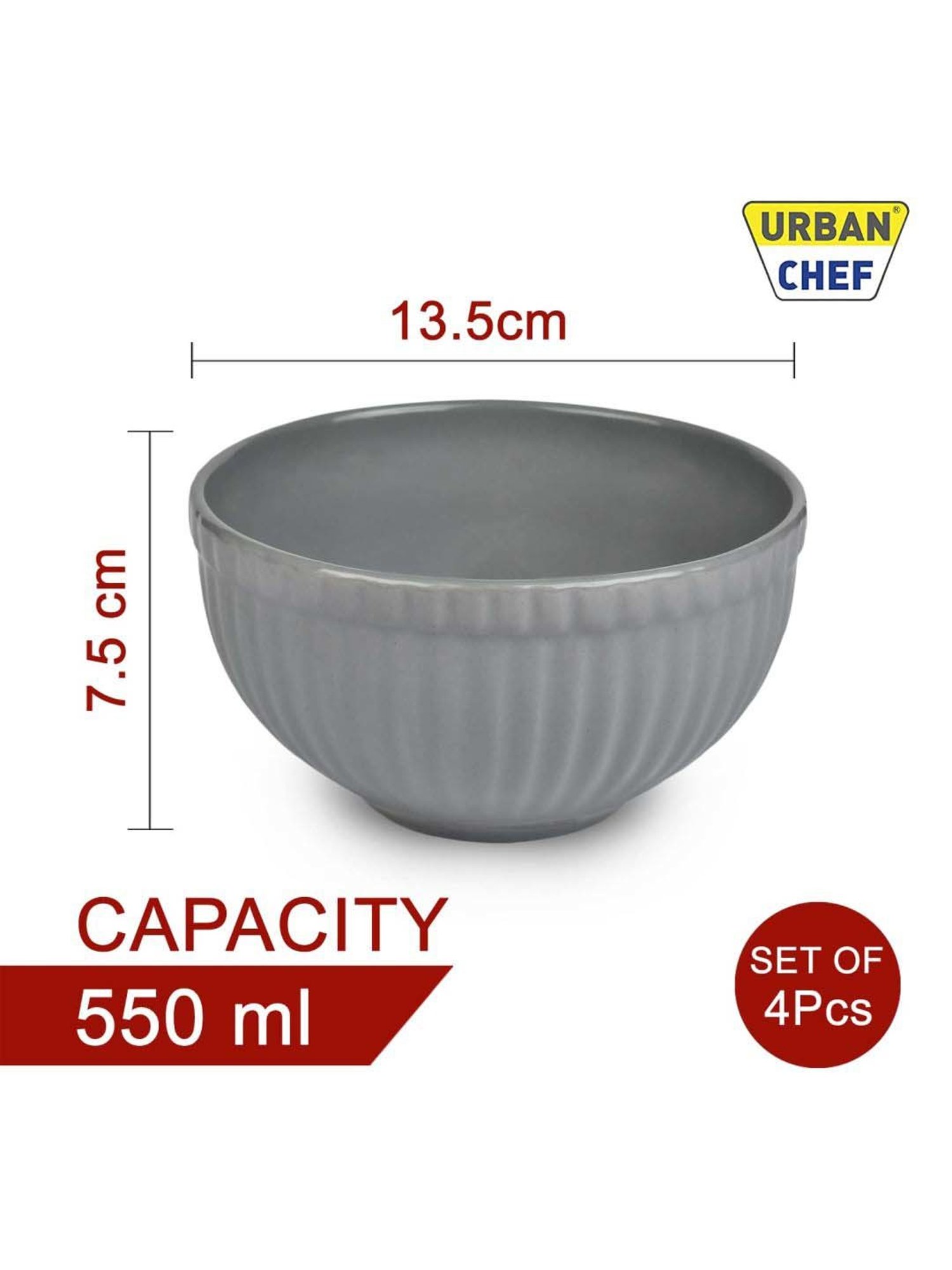 Urban Chef Grey Ceramic Handcrafted Microwave Safe Bowl - Set of 4