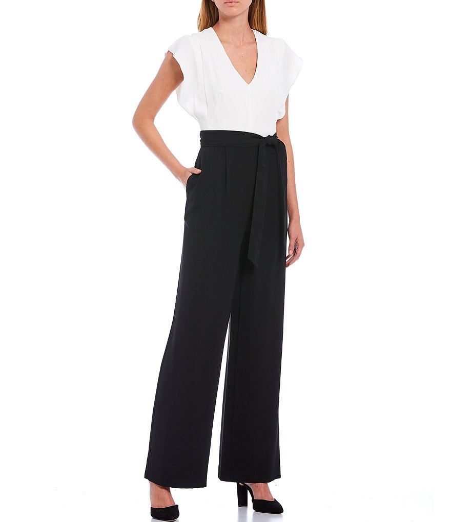 Eliza J V-Neck Flutter Sleeve Tie Waist Colorblock Crepe Jumpsuit