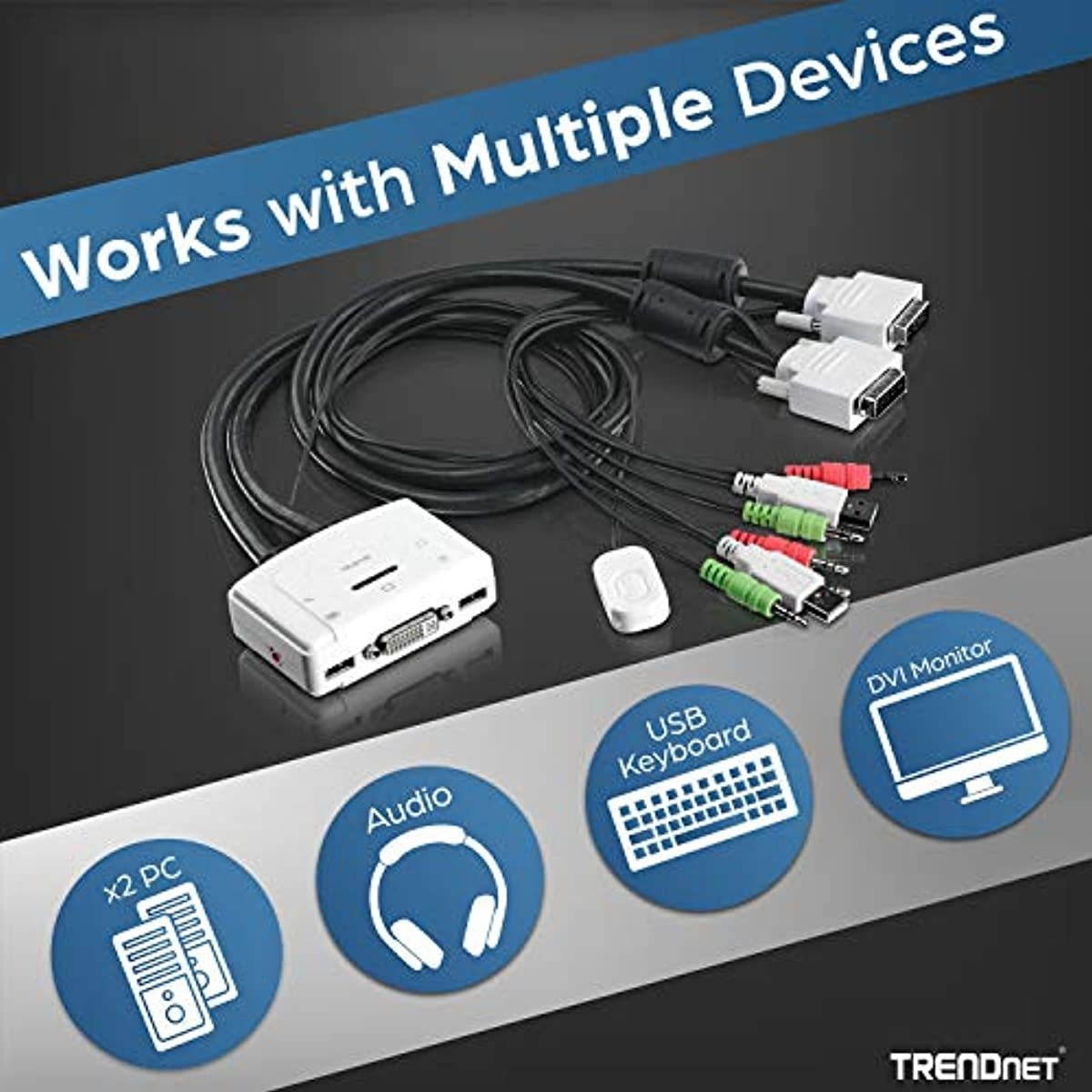 TRENDnet 2-Port DVI USB KVM Switch and Cable Kit with Audio, Manage Two PC's, USB 2.0, Hot-Plug, Auto-Scan, Hot-Keys, Windows/Linux/Mac Compliant, TK-214i