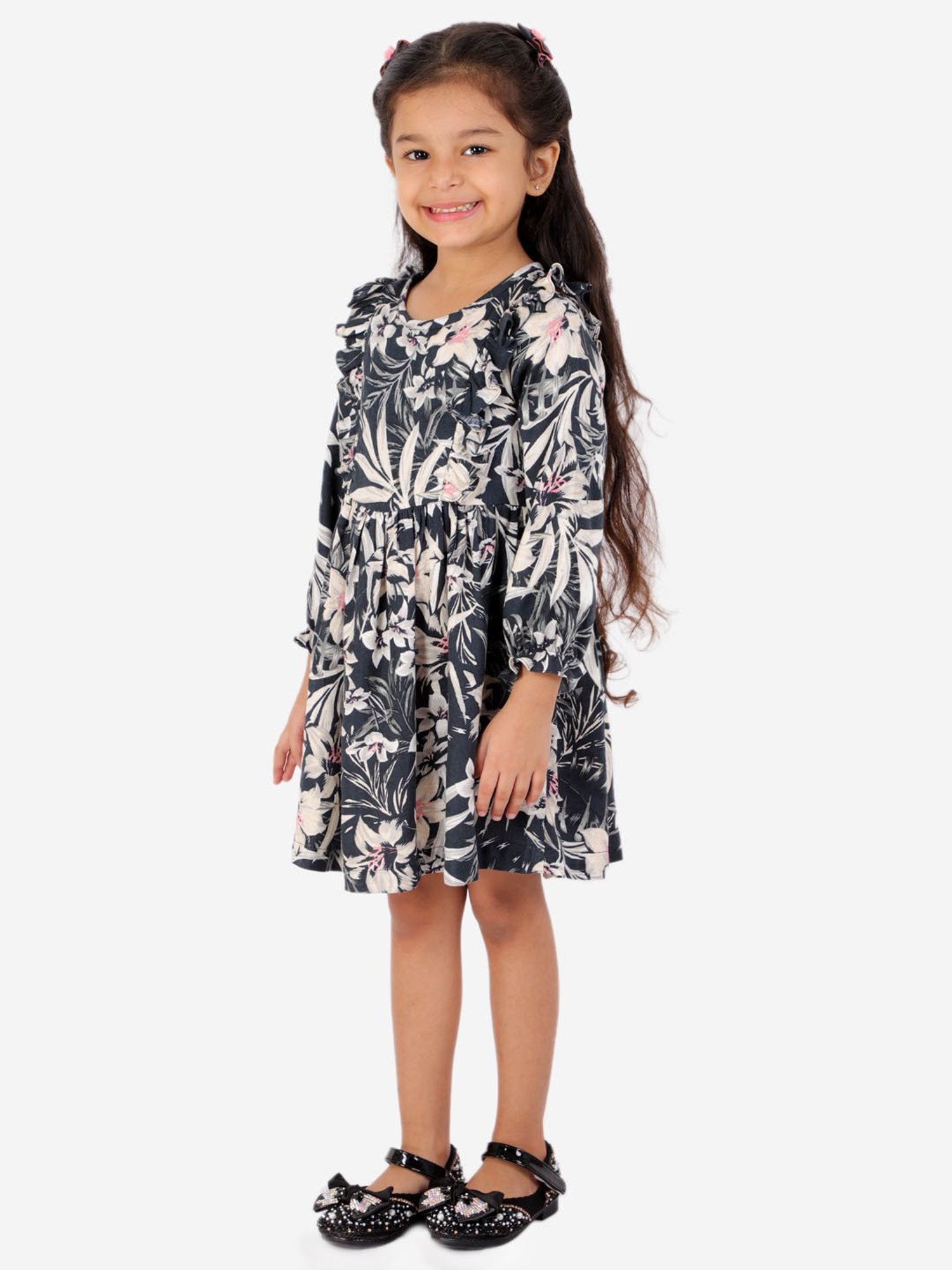 Lil Drama Kids Navy Floral Print Full Sleeves Dress