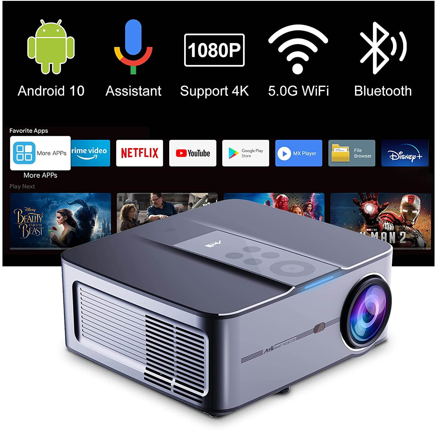 Artlii Play3 Smart Projector 340 ANSI with Android 10 System, Google Voice Assistant, 5G WiFi and Bluetooth Projector 1080P Support 4K, Outdoor Movie Projector, &plusmn;45&deg;4D Keystone Correction,Support AC-3