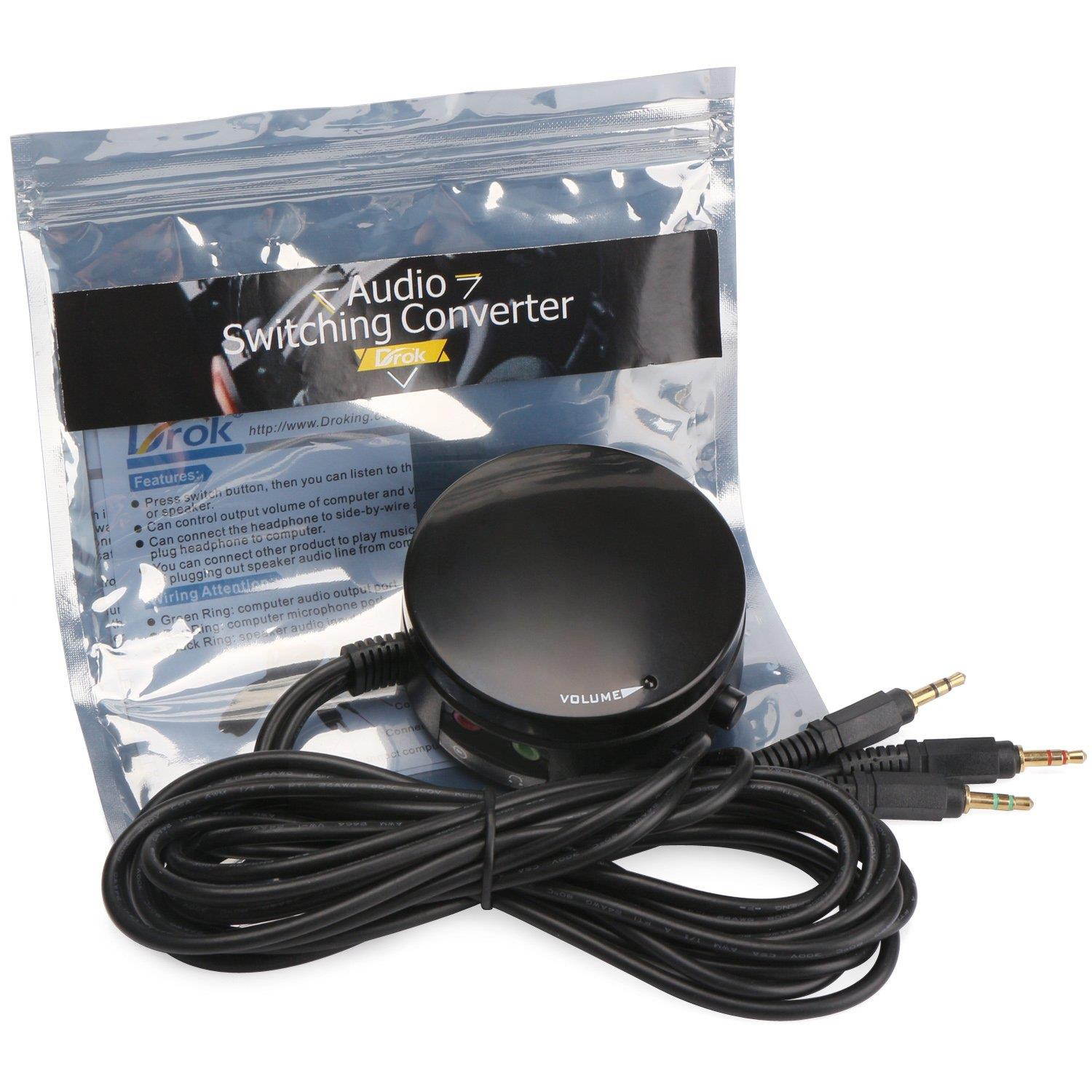 3.5mm Computer Volume Control Switch, DROK PC Speaker Headset Audio Volume Controller Headphone Sound Switchable Giant Volume Adjuster Knob with 3.5 mm Microphone Interface and 5 Feet Cable