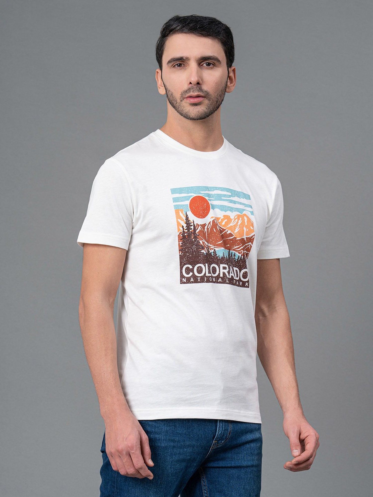 Red Tape White Regular Fit Graphic Print Cotton Crew T-Shirt