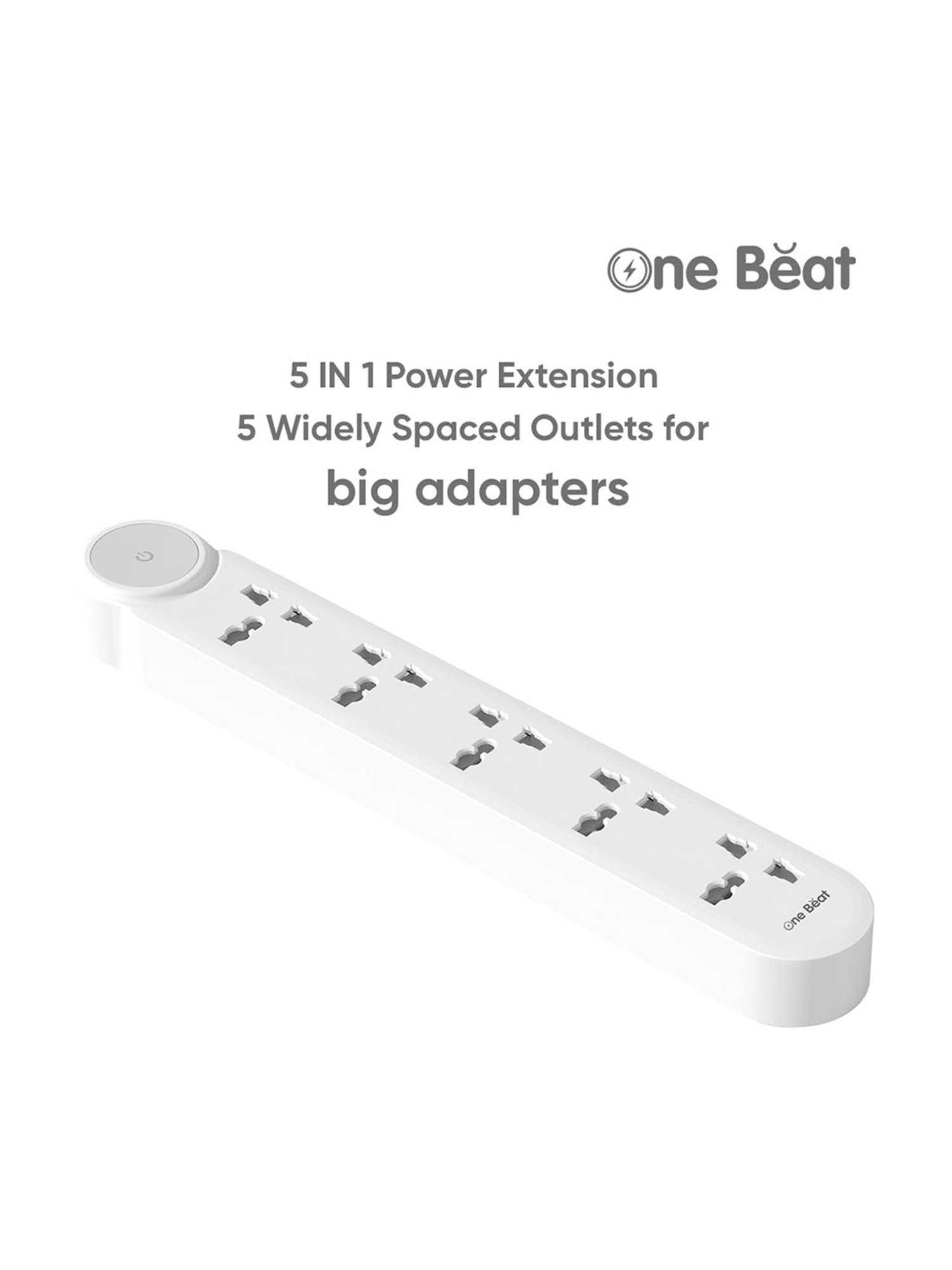 One Beat GO 5 Power Extension Board, 5 AC Outlests with 2500 W & 2 Meter Cord (White)