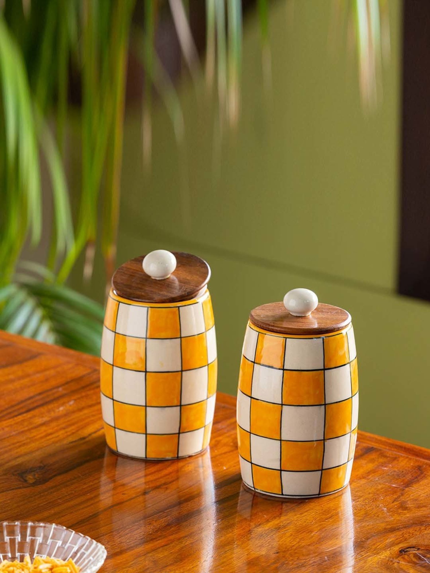 ExclusiveLane 'Shatranj Check' Hand-painted Storage Jars (Non-airtight, Set of 2, 600 ML, 6.1 Inch)