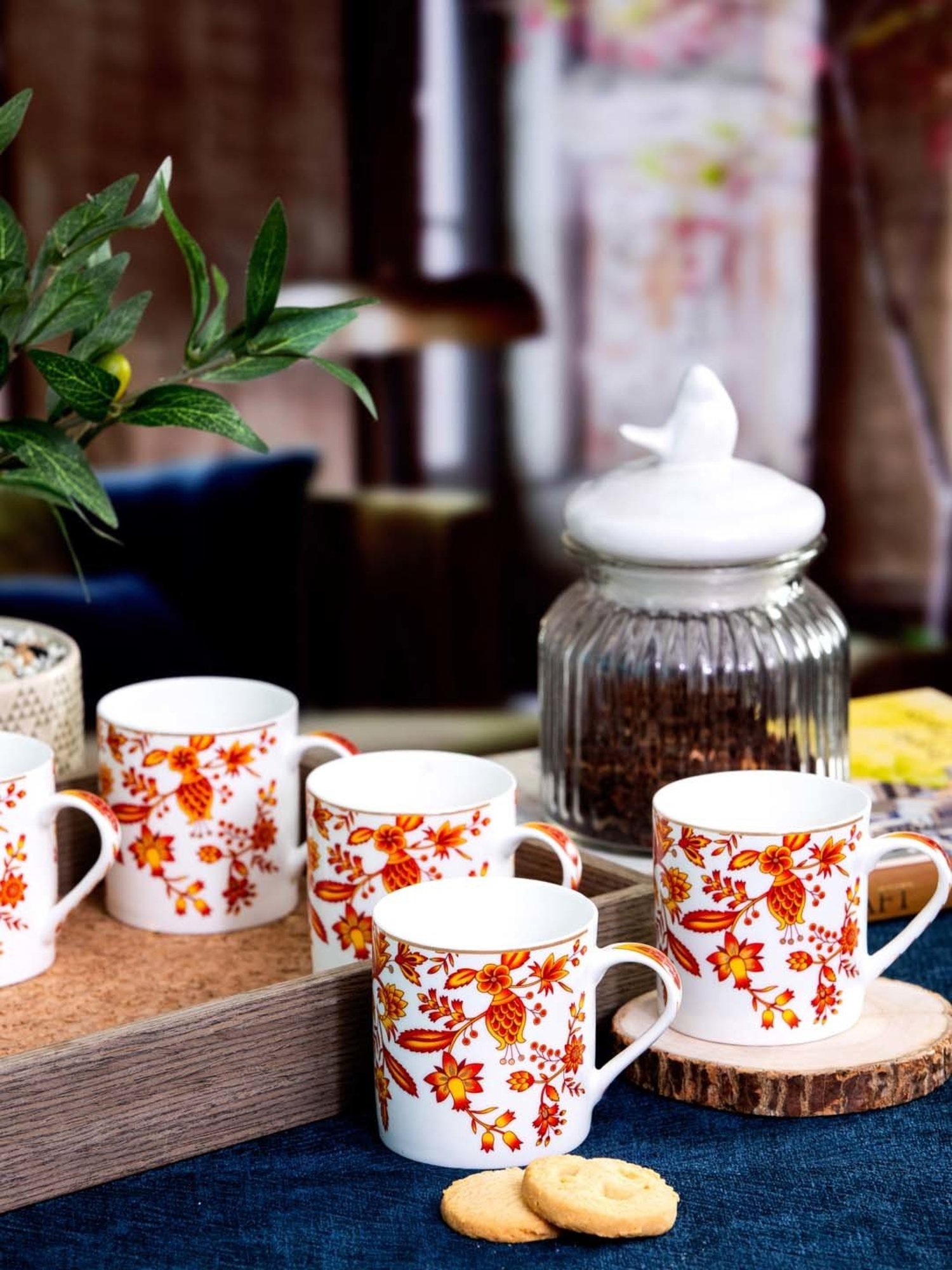 SONAKI White & Orange Bone China Tea Coffee Mugs - Set of 6