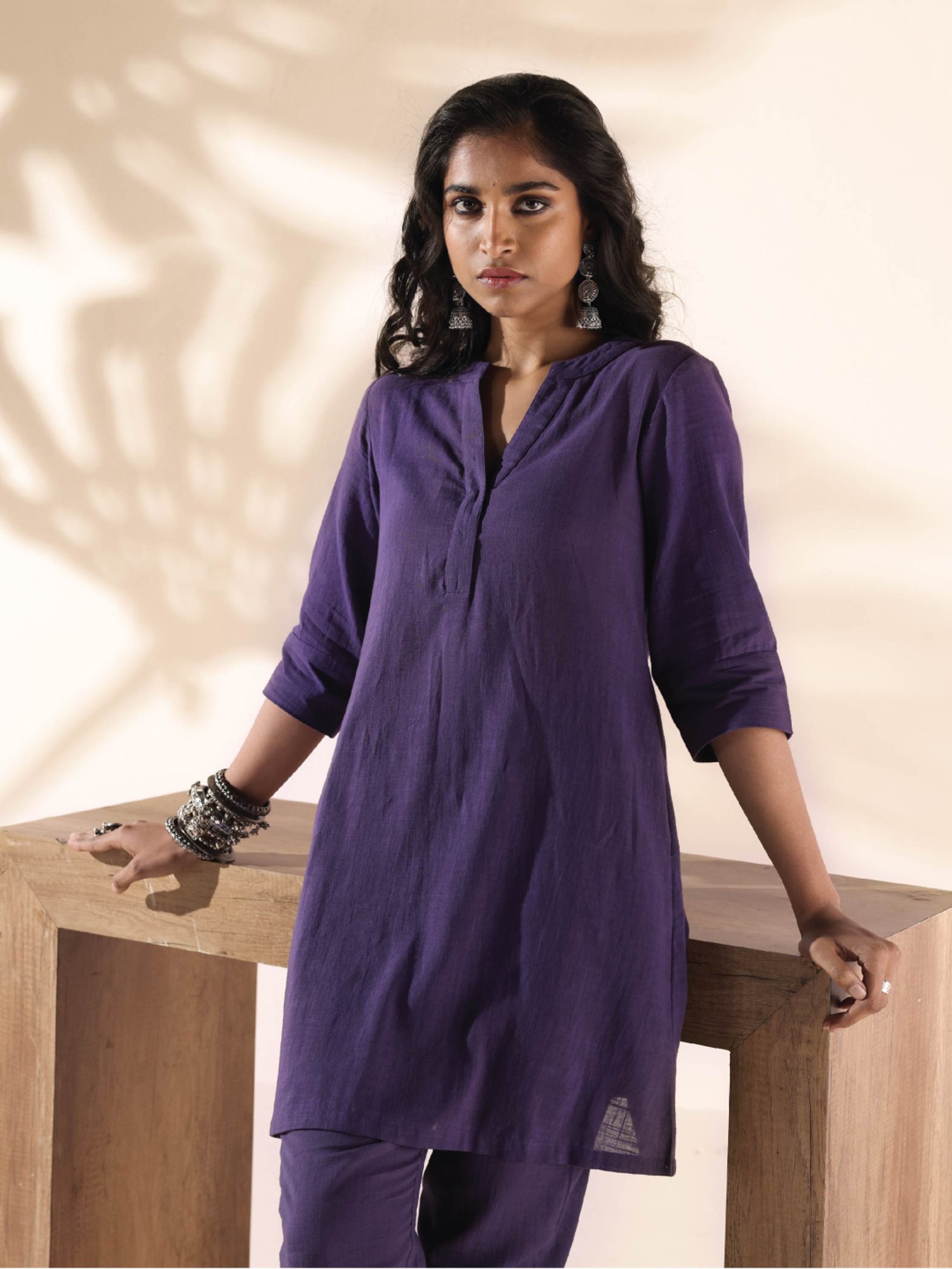 true Browns Purple Cotton Self Pattern Tunic Pant Set