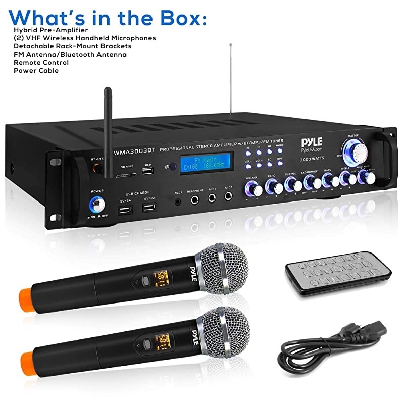 Bluetooth Home Audio Power Amplifier -4 Ch. 3000W, Stereo Receiver w/ Speaker Selector, FM Radio, USB, Headphone, 2 Wireless Mics for Karaoke, Great for Home Entertainment System -  PWMA3003BT.NEW