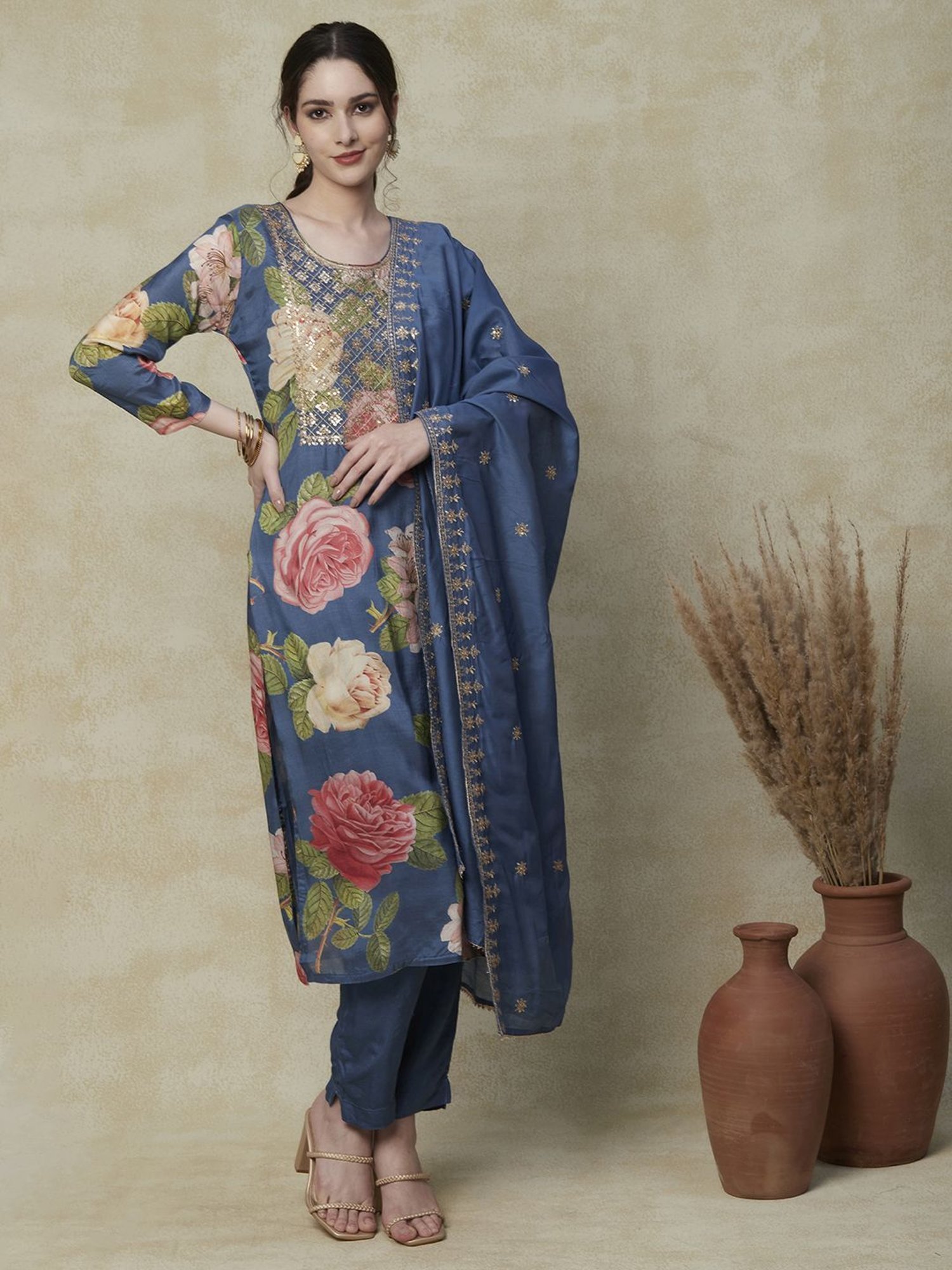Fashor Blue Printed Kurta Pant Set With Dupatta