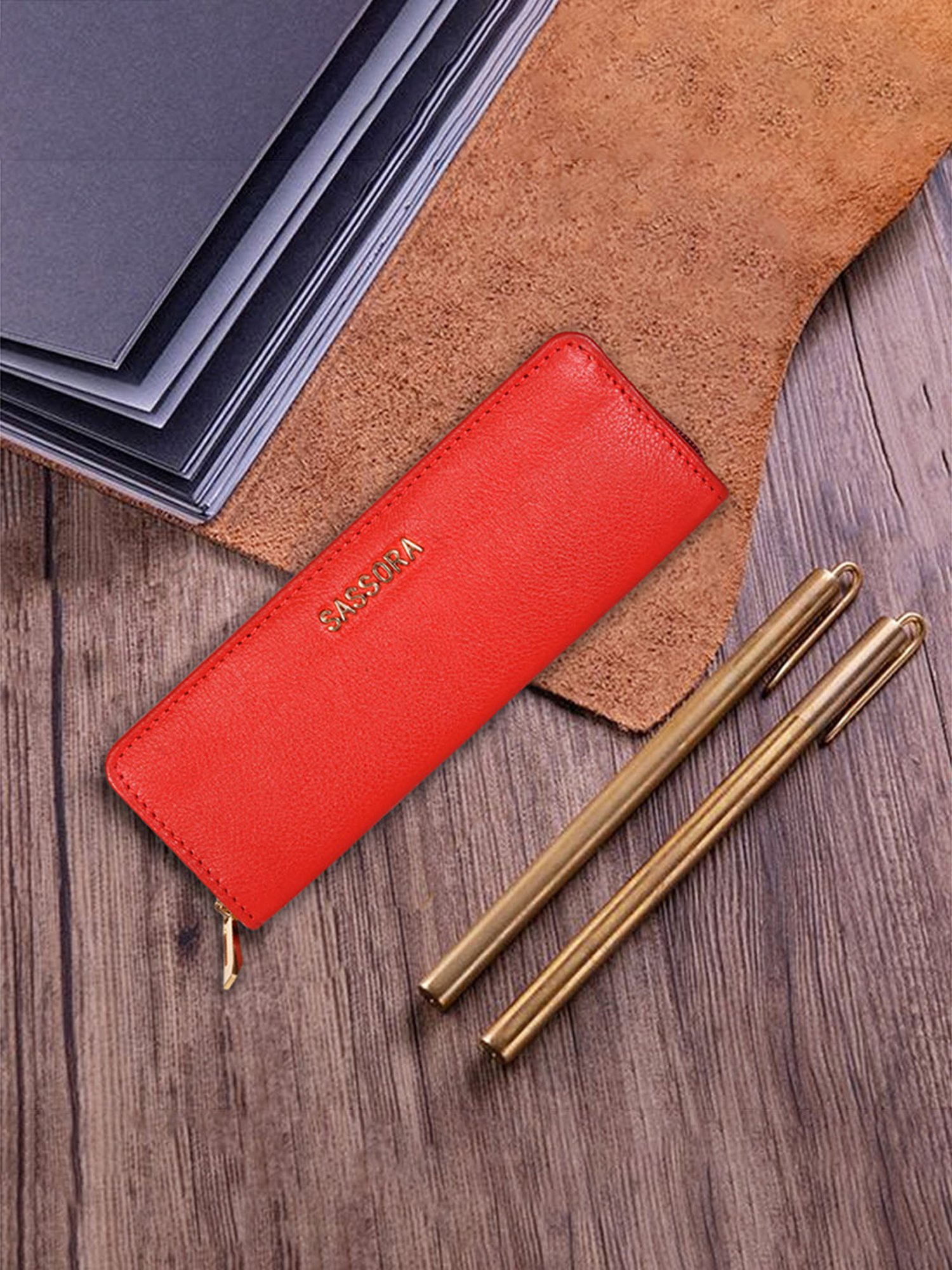 SASSORA Florid Red Leather Small Pen Case