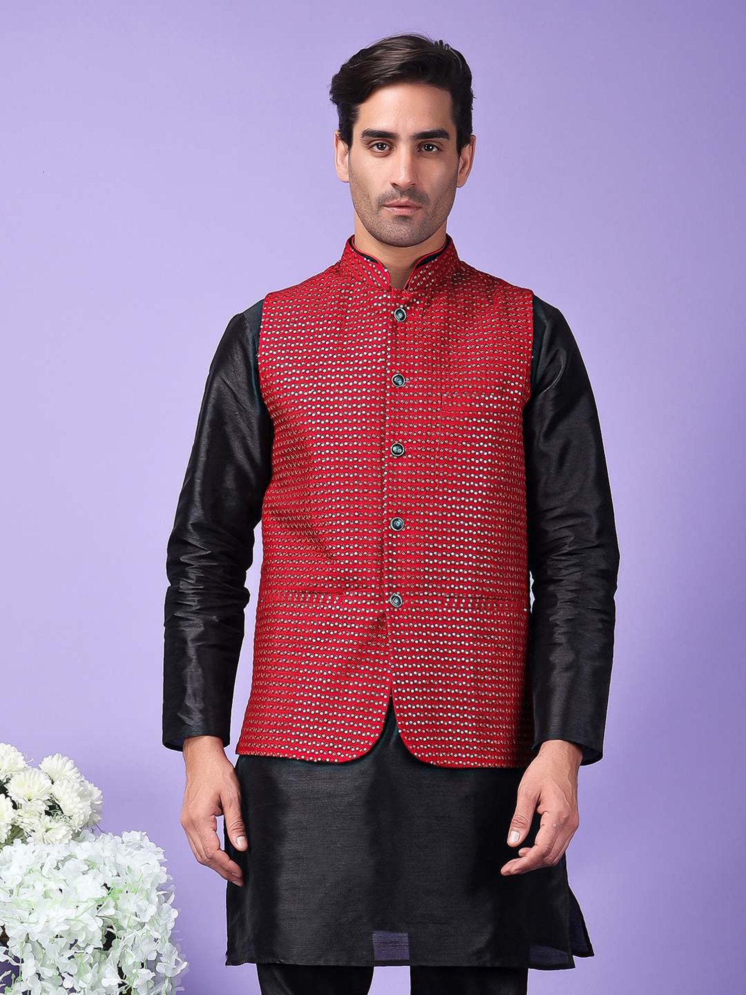 Hangup Maroon Regular Fit Embellished Nehru Jacket