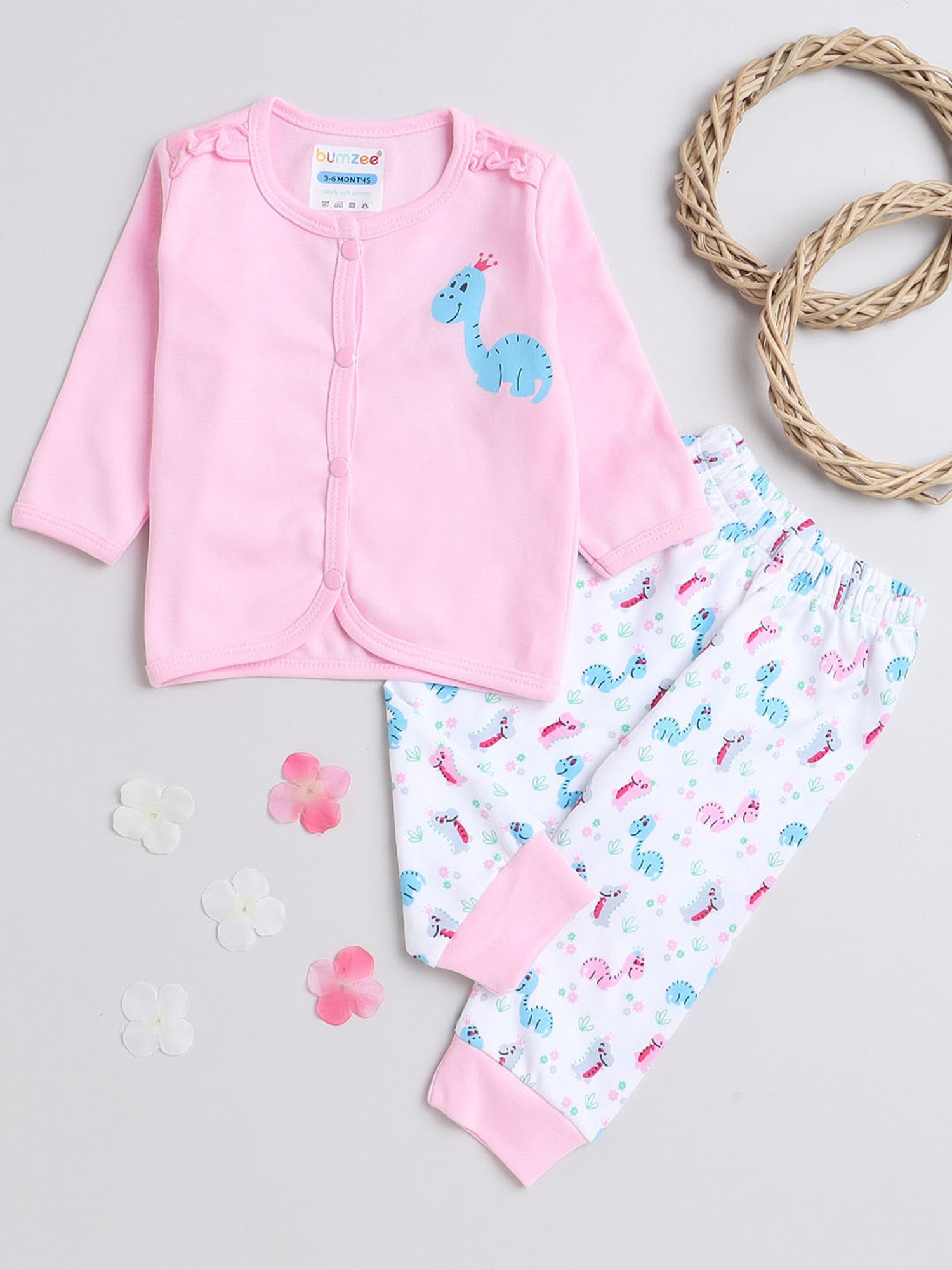 Bumzee Kids Pink & White Printed Full Sleeves Jhabla with Pyjamas