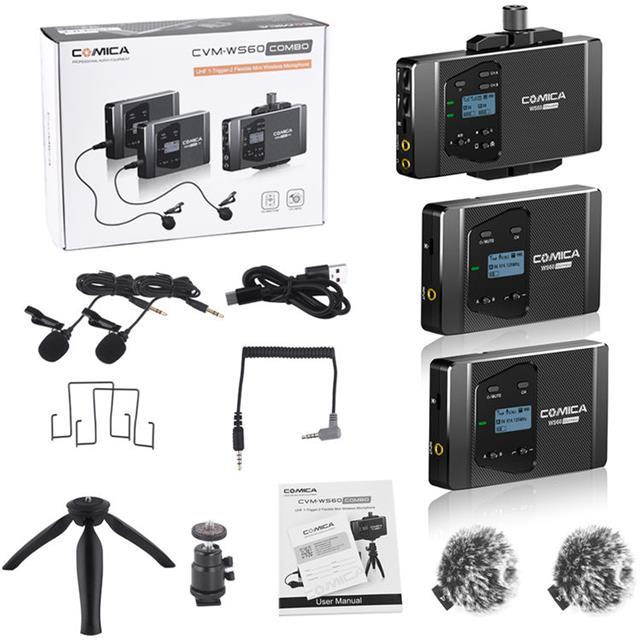 comica CVM-WS60 Combo Wireless Dual Lavalier Lapel Microphone System with UHF 12 Channels, Universal Smartphone Clamp,100-194ft Wireless Range,Wireless Microphone for Smartphones and Cameras (2Tx+1Rx)