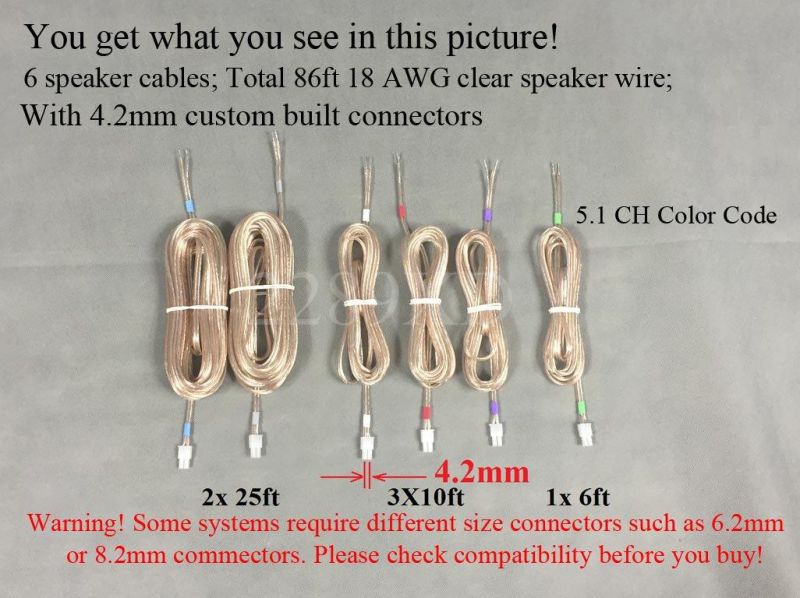 6 Home Theater Speaker Wires/Cables / Cords for Select Sony Samsung Pioneer Toshiba etc. 6 PCs; Total 86ft; 4.2mm Connector (Plug); 18 AWG Wire;
