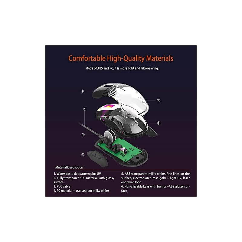 AJ358 RGB Lightweight Gaming Mouse Translucent LED Backlit Adjustable 7 Level DPI Programmable 7 Buttons 85g Ergonomic Wired Mice for PC Computer Games or Work Black