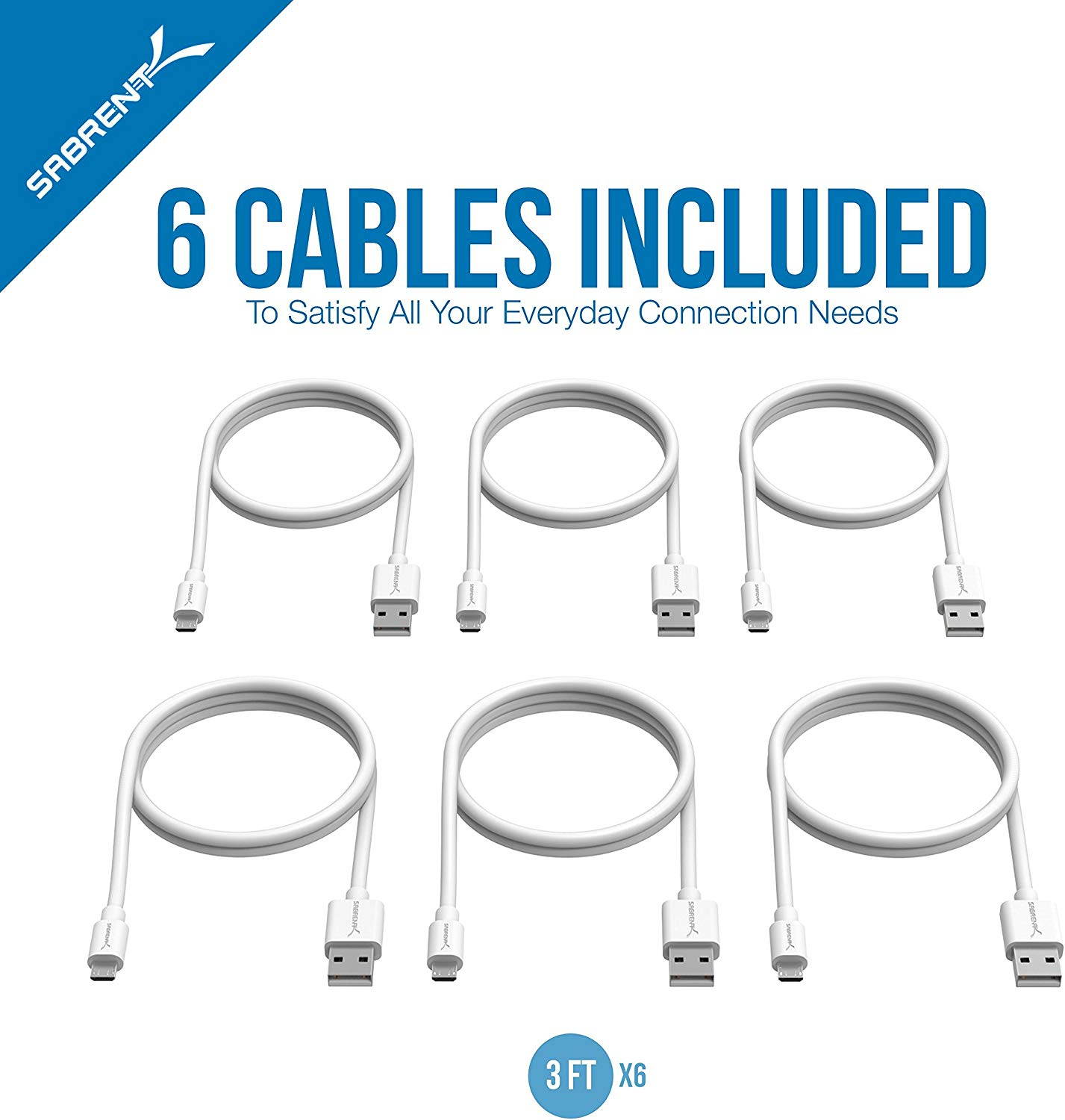 Sabrent 6-pack 22 AWG Premium 3ft Micro USB Cables High Speed USB 2.0 - White (CB-M63W)