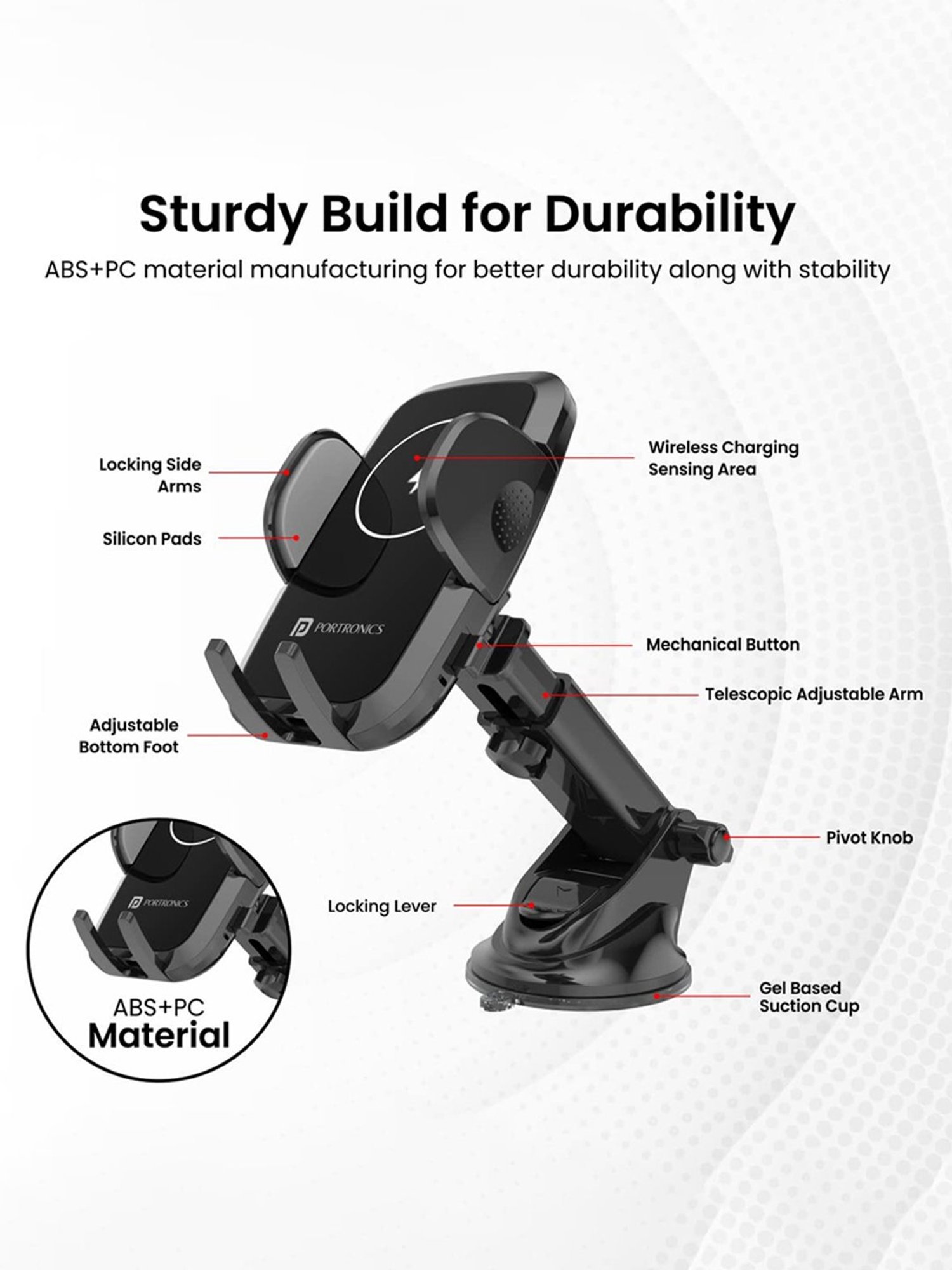 Portronics POR-1767 Charge Clamp 2 Mobile Holder with 15W Wireless Charging (Black)