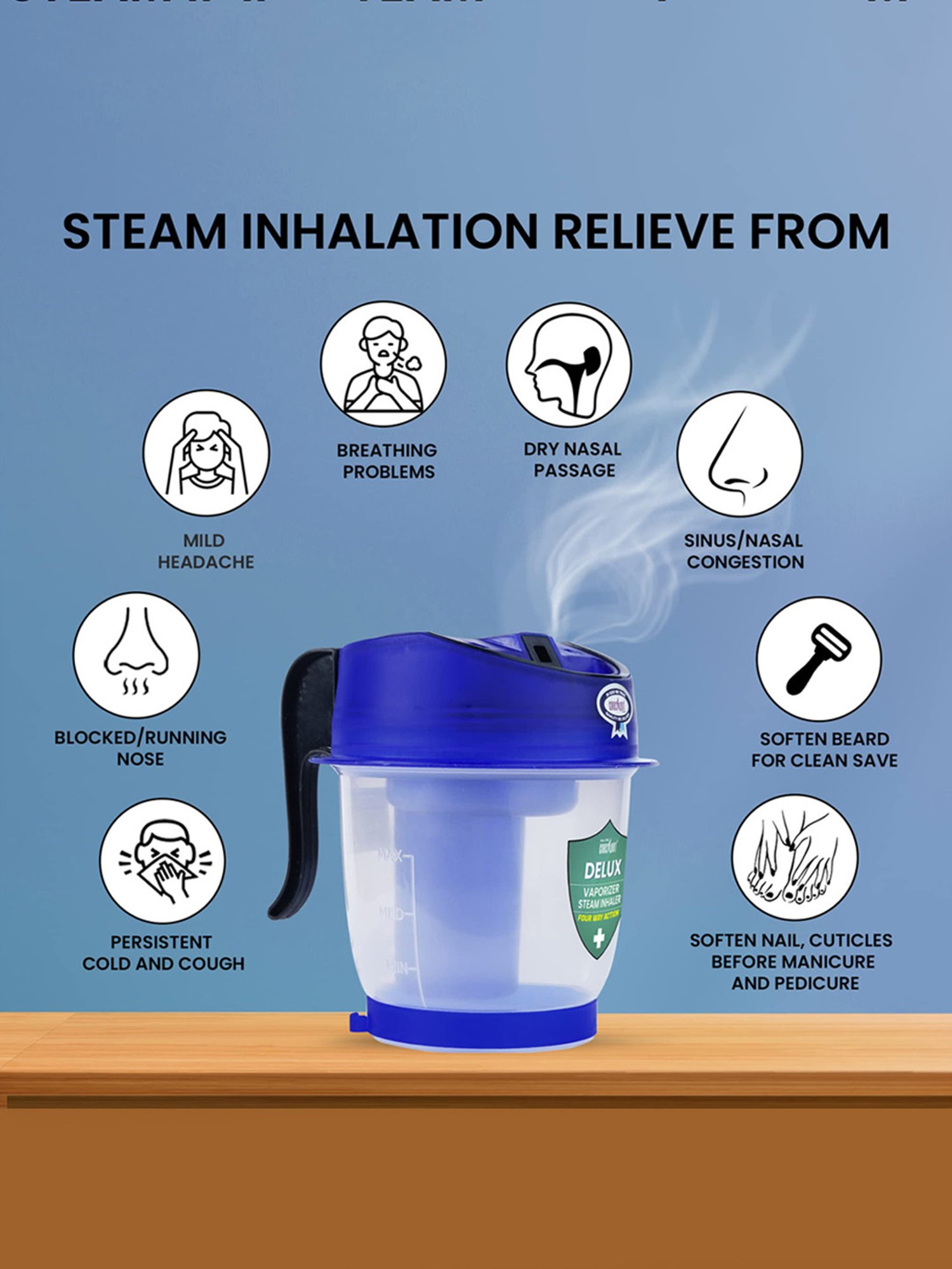 Crescent Delux Facial Steamer Vaporizer for Cold & Cough, Separate Water Storage Container (Blue)