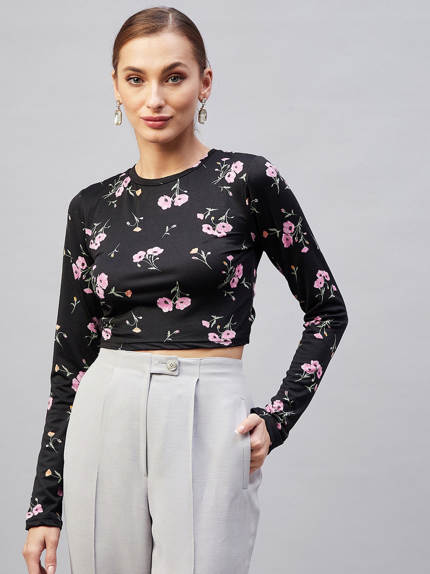 Marie Claire Black Floral Print Crop Top