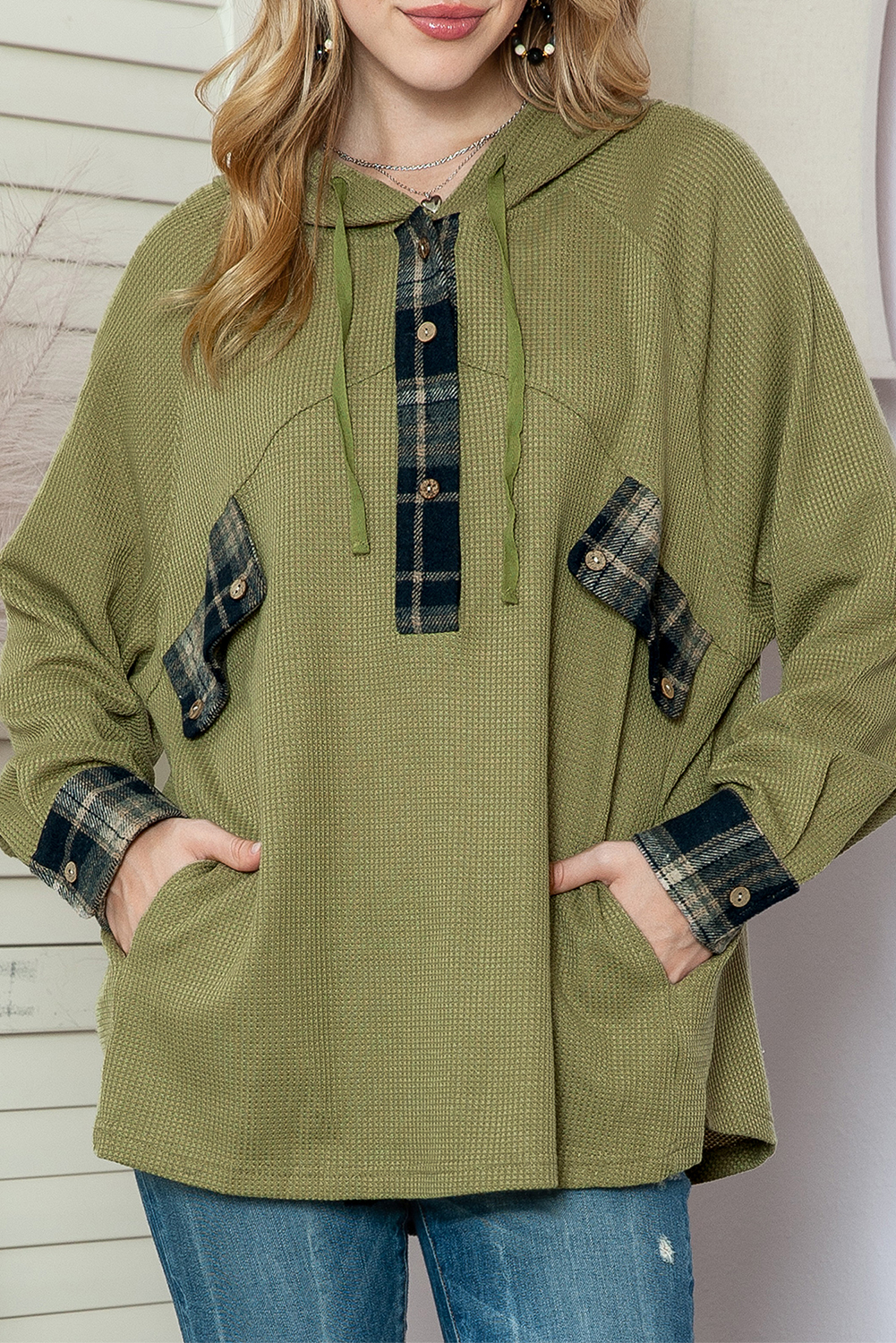 Green Waffle Knit and Flannel Henley Oversized Hoodie