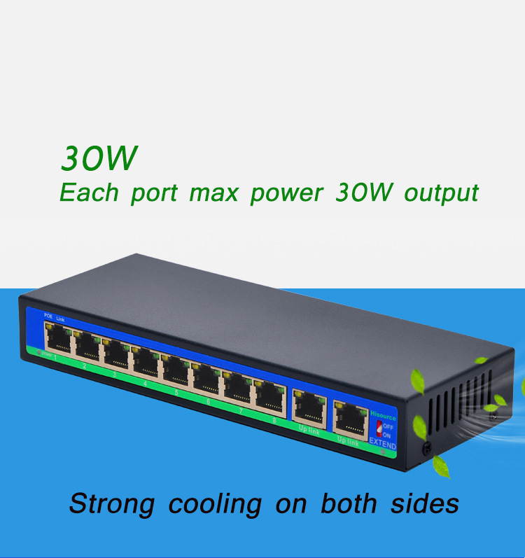 10 port poe switch 8 port power supply 250 meters transmission poe switch
