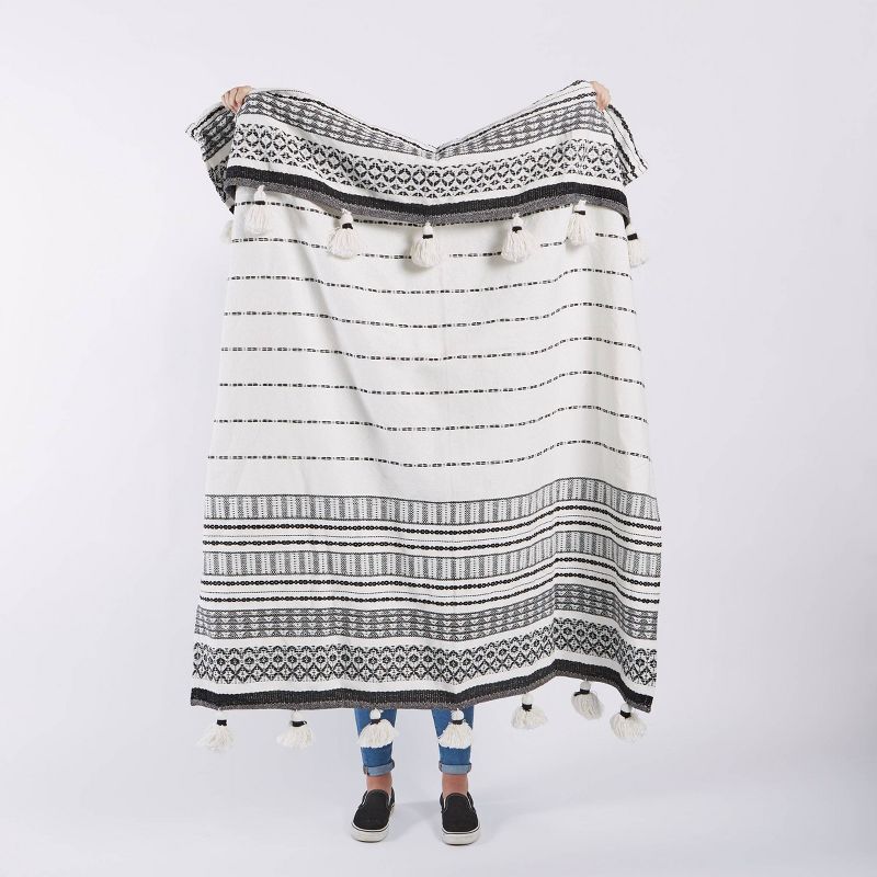 50"x60" Woven Striped Throw Blanket with Pom-Poms Black - Patina Vie