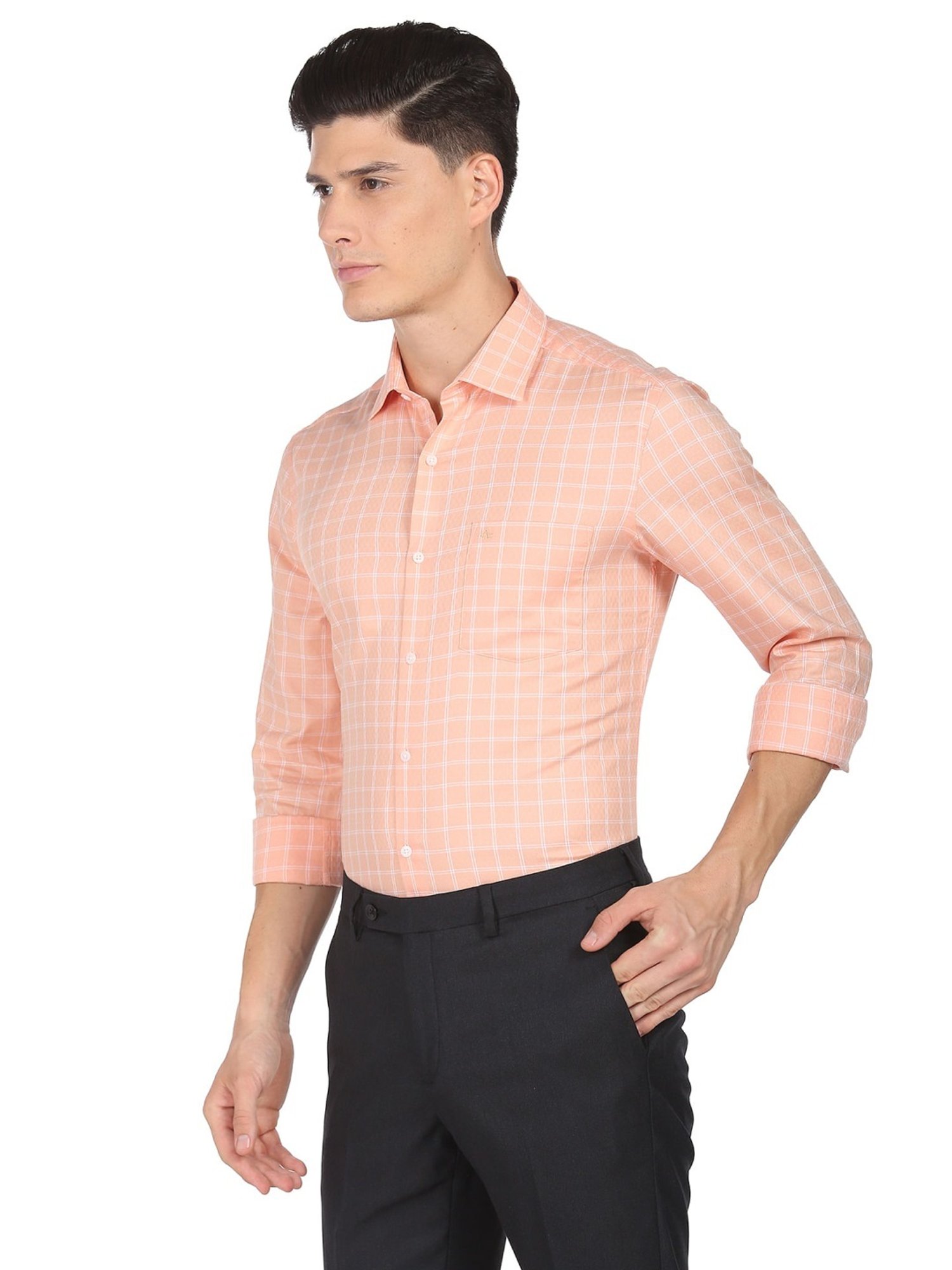 Arrow Orange Cotton Slim Fit Checks Shirt