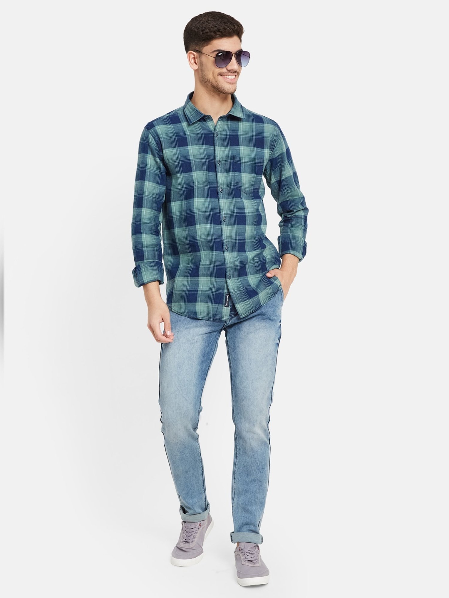 METTLE Light Olive & Blue Cotton Regular Fit Checks Shirt