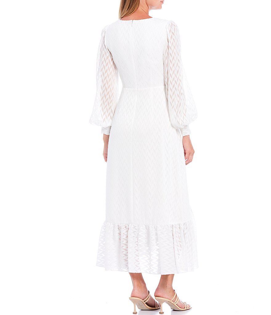 Sachin & Babi Connie Fil Coupe Chiffon Faux Wrap Long Sleeve V-Neck Midi Dress