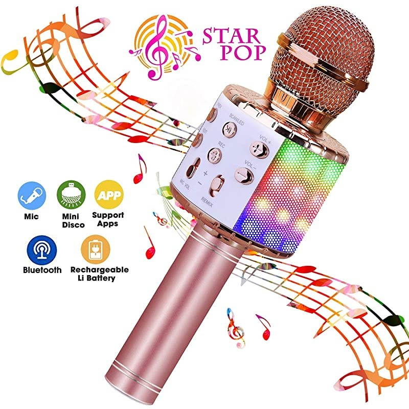 Bluetooth 4 in 1 Karaoke Wireless Microphone with LED Lights, Portable Microphone for Kids, Girls, Boys and Adults (Pink)