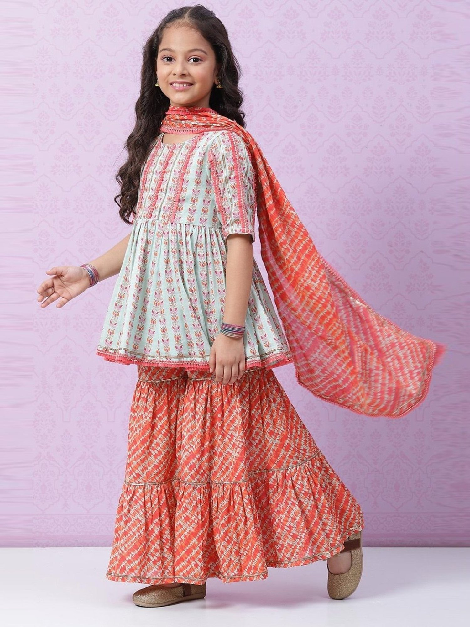 Biba Kids Green & Red Cotton Printed Kurta Set