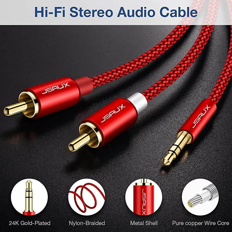 RCA Cable, [6.6ft/2M, Dual Shielded Gold-Plated] 3.5mm Male to 2RCA Male Stereo Audio Adapter Cable Nylon Braided AUX RCA Y Cord for Smartphones, MP3, Tablets, Speakers, HDTV [Red]