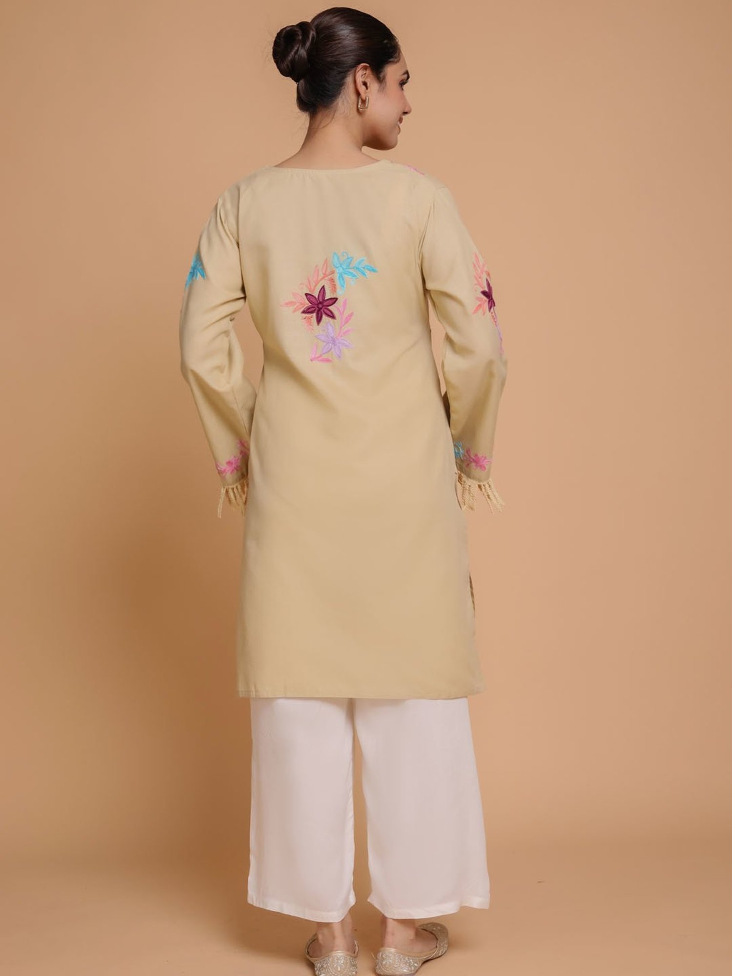 House of Kari Falak Kashmiri Long Kurta  Beige