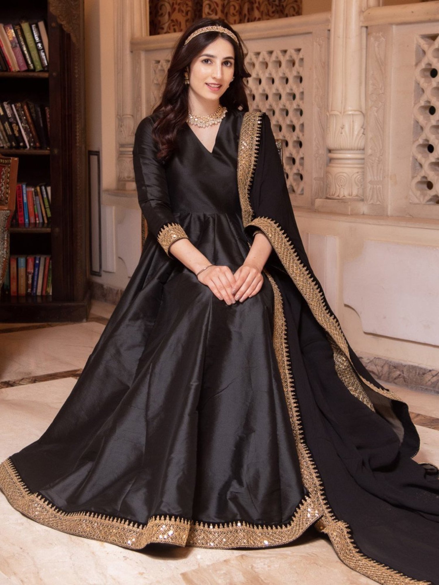 Calmna Rajkumari Black Gotapatti Silk Anarkali Suit Set