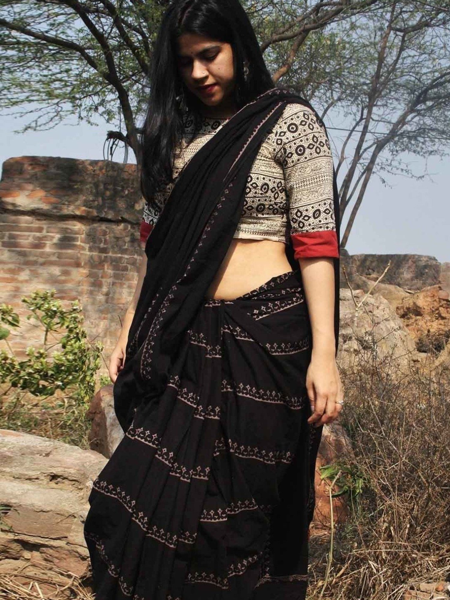 Chidiyaa Black Block Printed Cotton Mul Saree