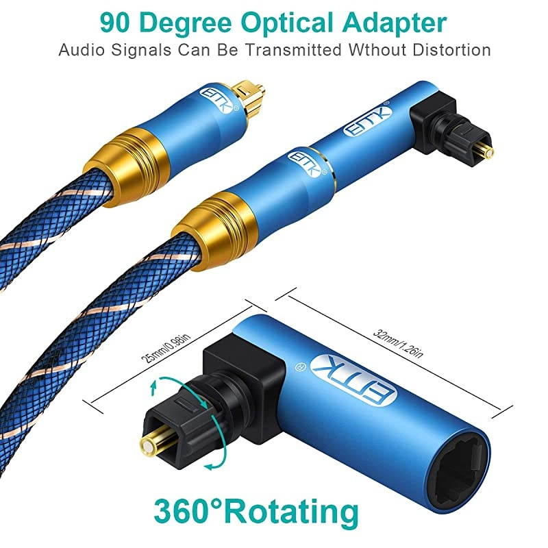 Audio Cable 10ft Toslink Cable with 90 Degree Adapter Nylon Braided 24K GoldPlated Flexible and Durable Fiber Optic Cord for Home TheaterSound barTVPS4Xbox Blue 3m90&deg; Connector