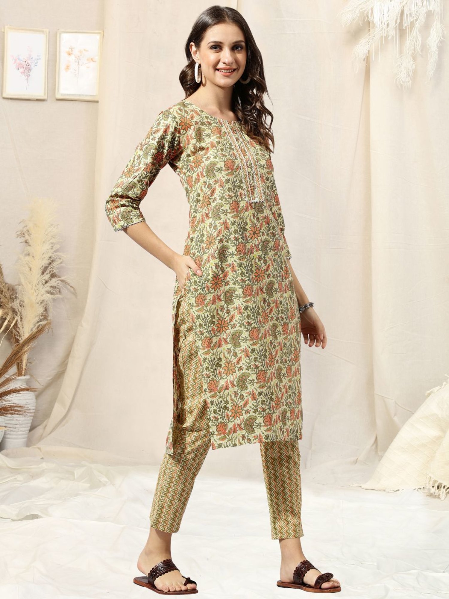 MIRCHI FASHION Cotton Beige & Green Floral Print Kurta Pant Set