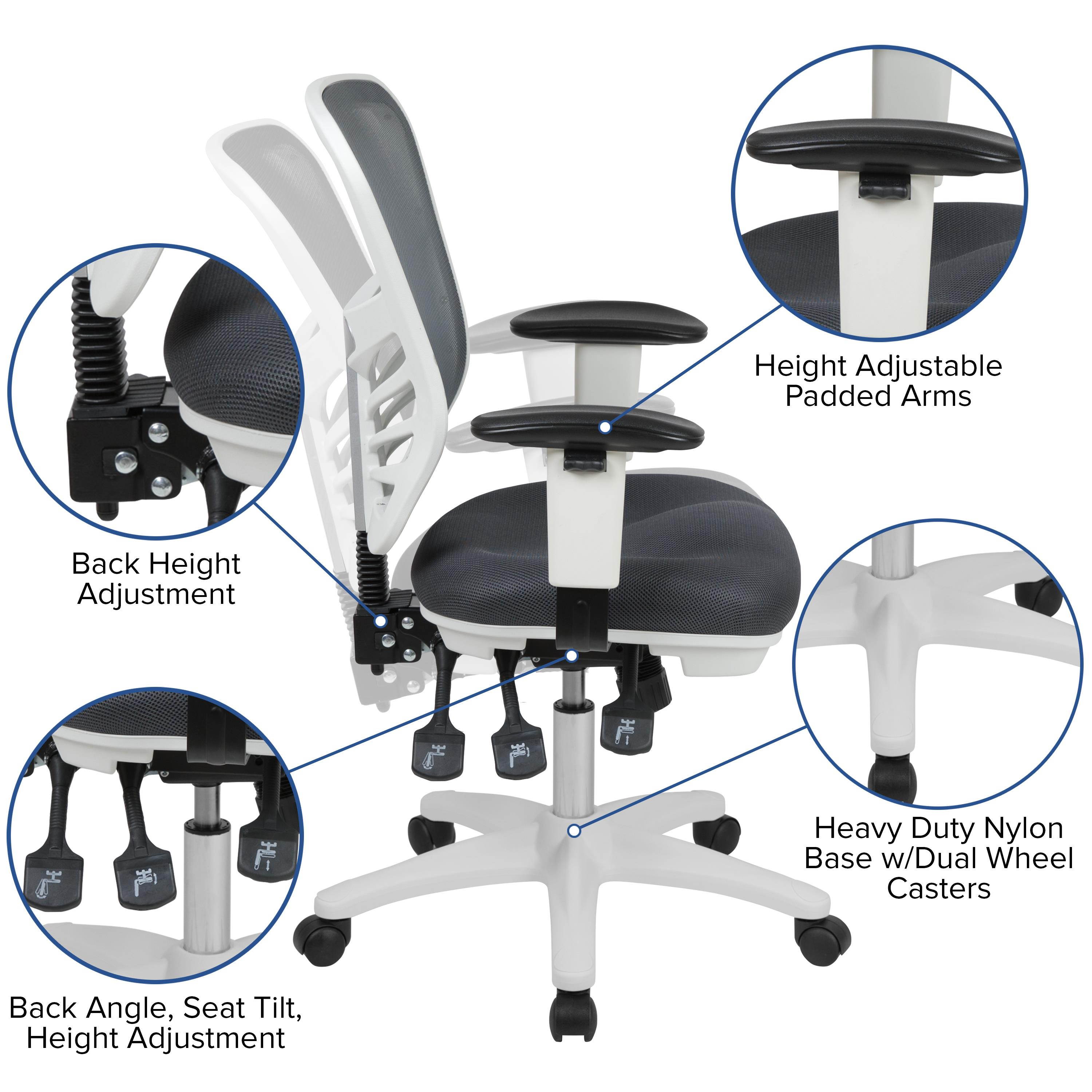 Mid-Back Dark Gray Mesh Multifunction Executive Swivel Ergonomic Office Chair with Adjustable Arms and White Frame