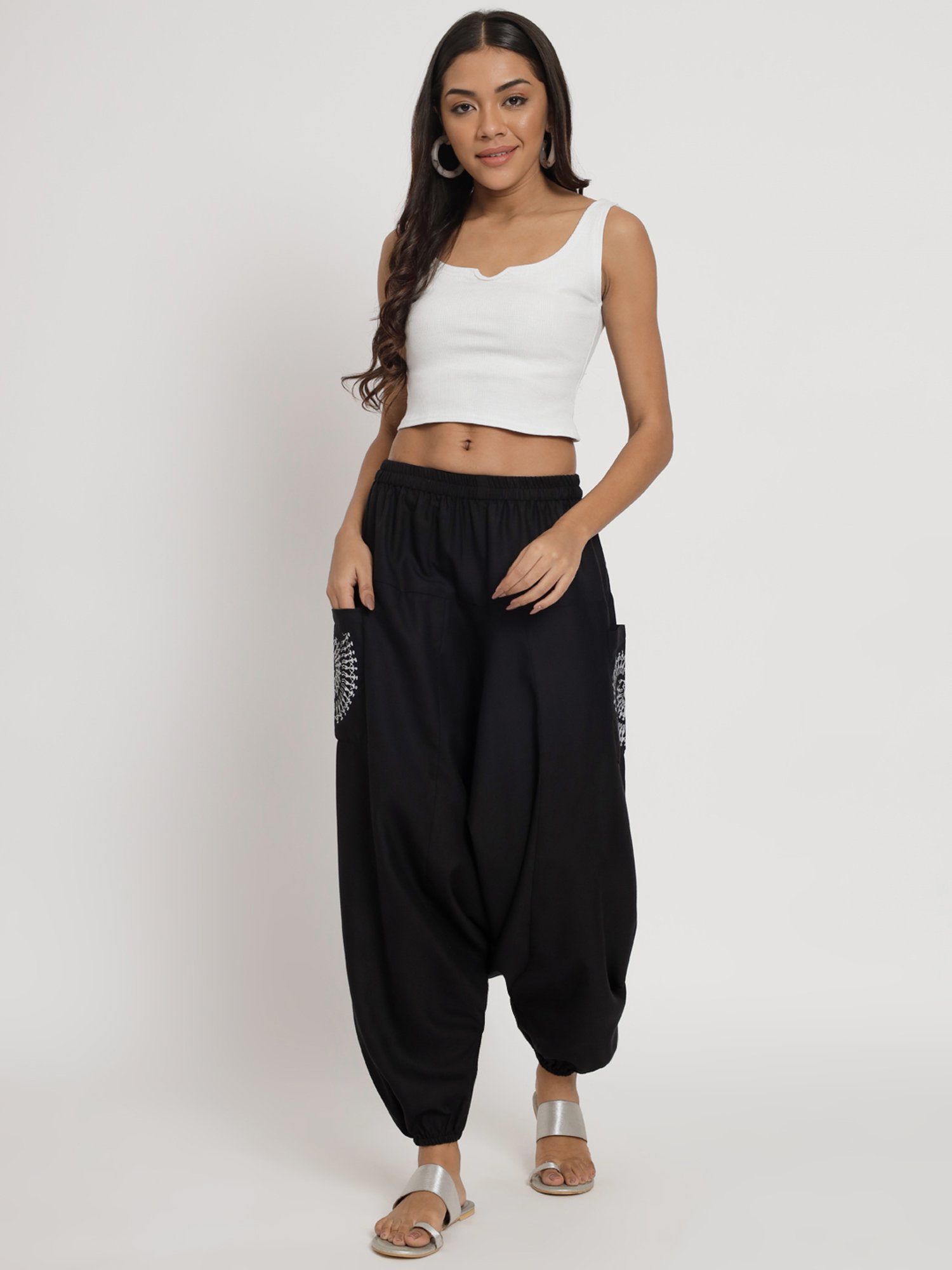 9rasa Black Cotton Printed Regular Fit High Rise Pants