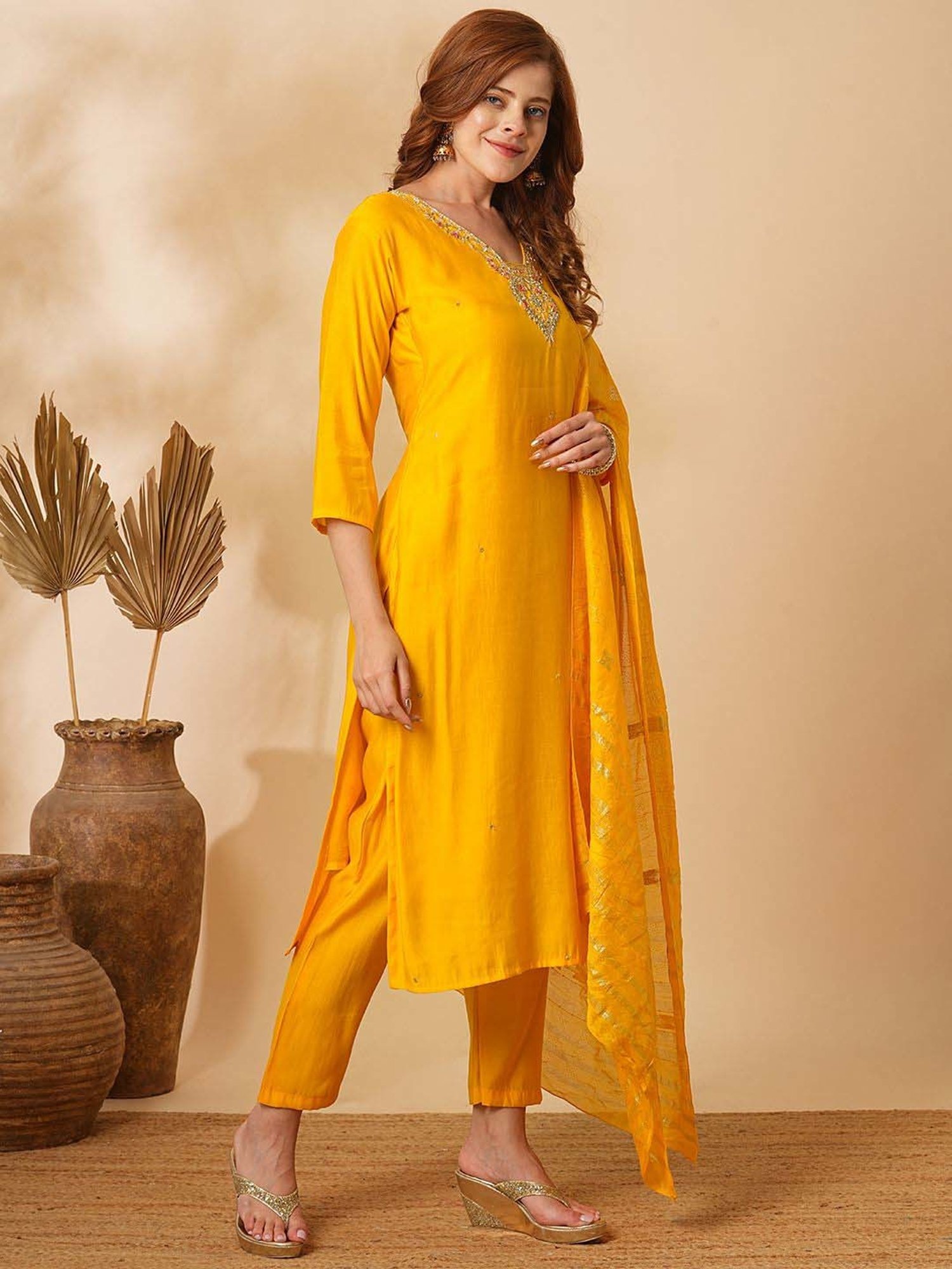Fashor Yellow Embroidered Kurta & Pant Set With Dupatta