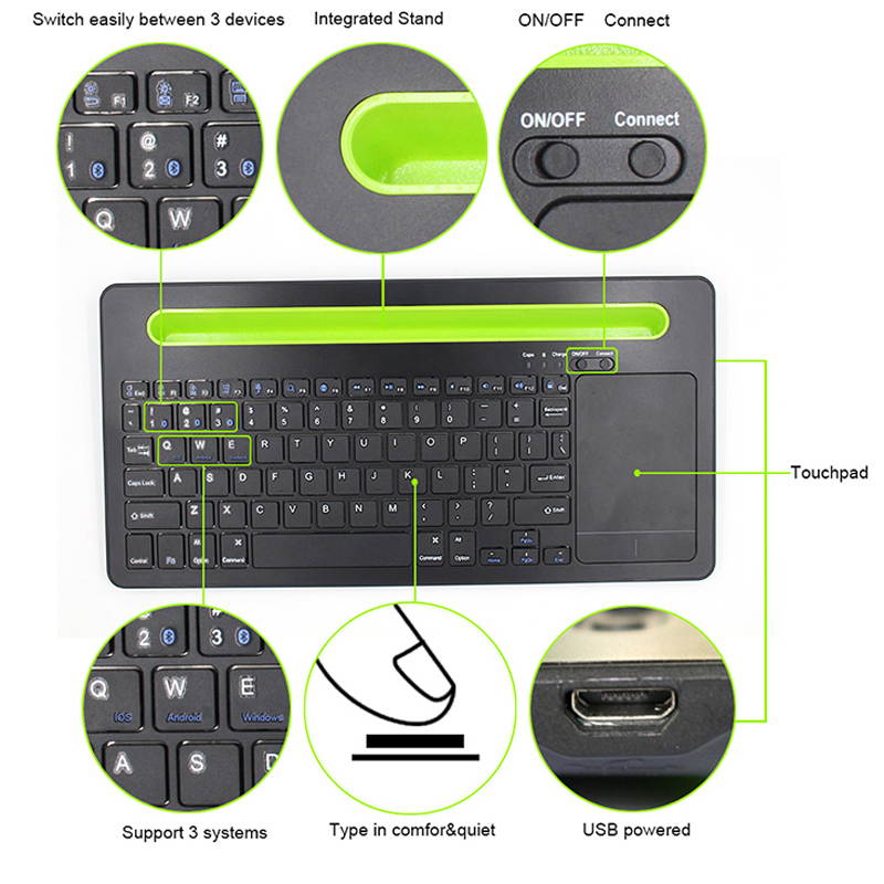 78 Keys Wireless Bluetooth Keyboard Touch Pad Mouse with Mobile Phone Holder Multi-Device Keyboard Tablet Holder Slot for Windows/iOS Multi System Compatible