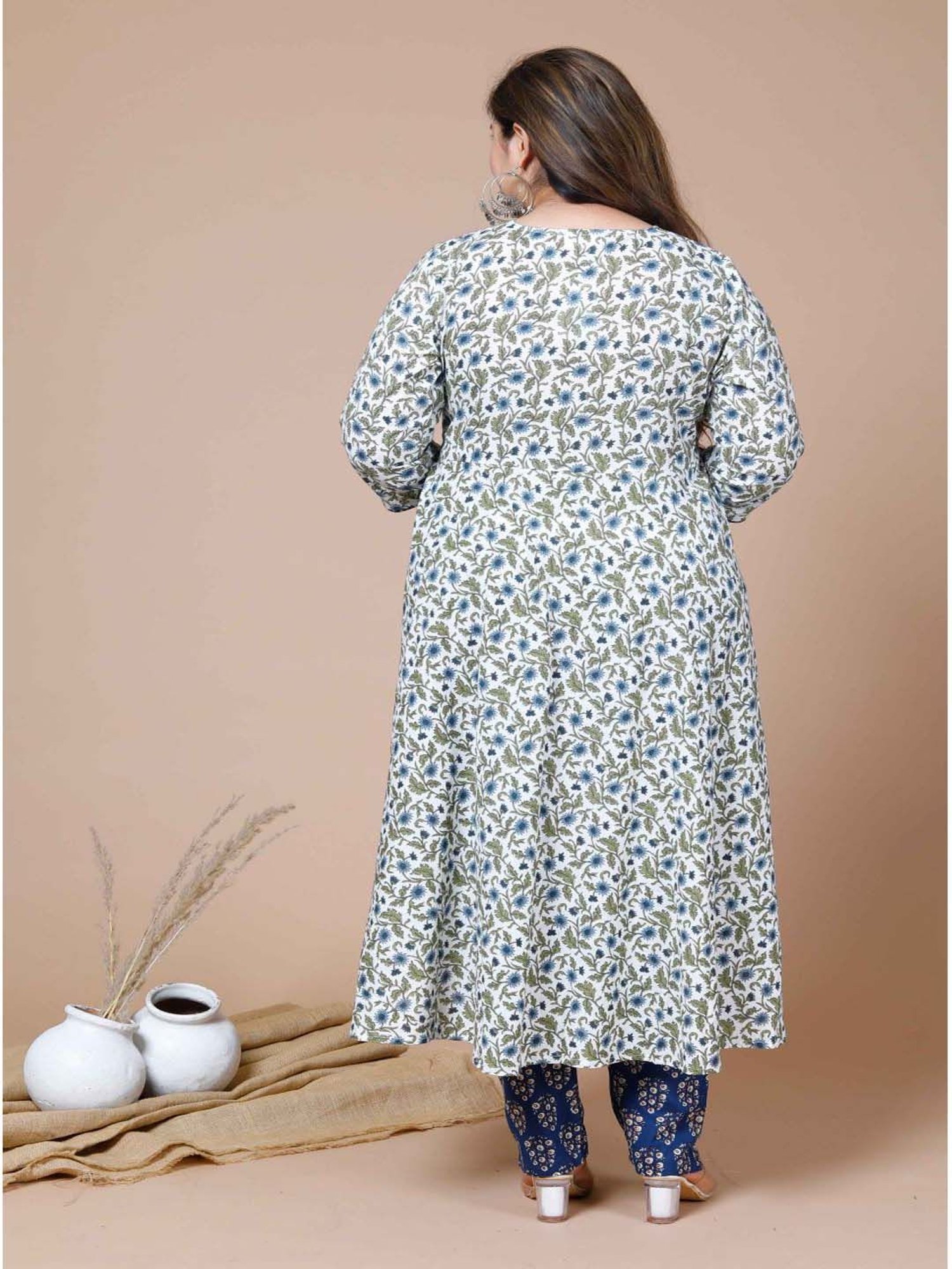 Miravan Blue Cotton Printed Kurta Pant Set