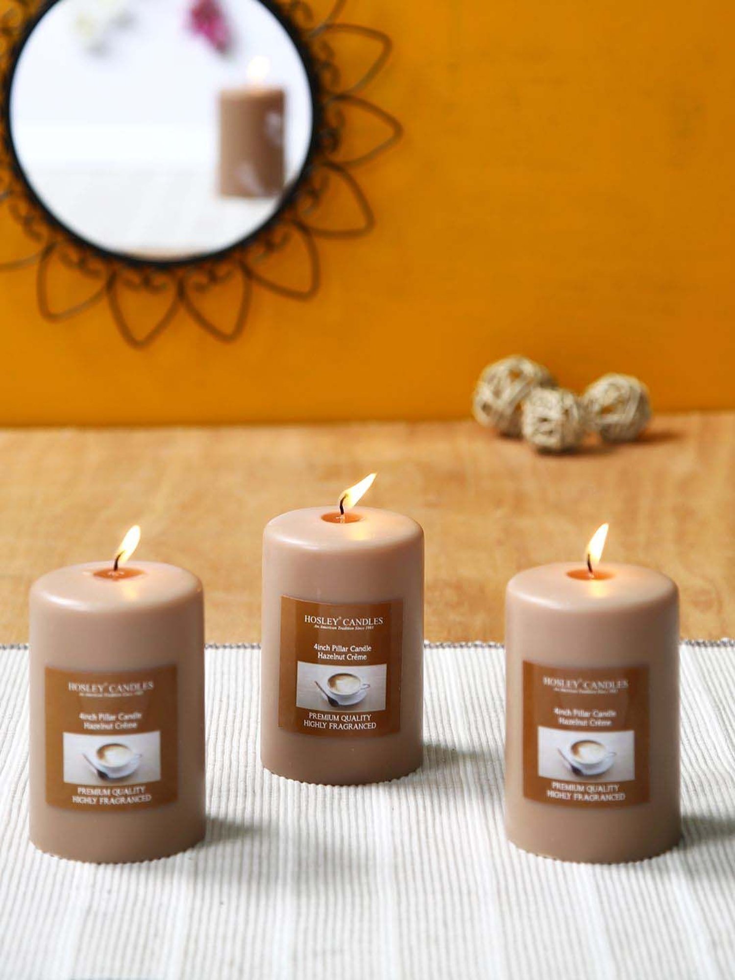 HOSLEY Brown Wax Pillar Candle - Set of 3
