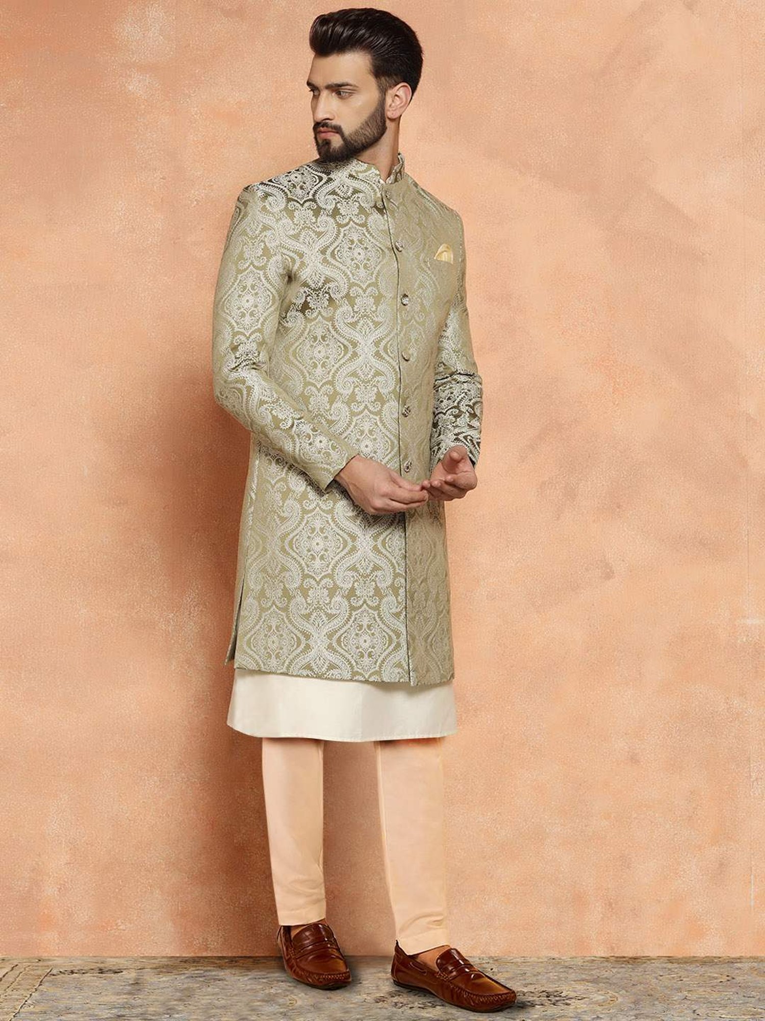 Kisah Beige & Green Regular Fit Jacquard Sherwani Set