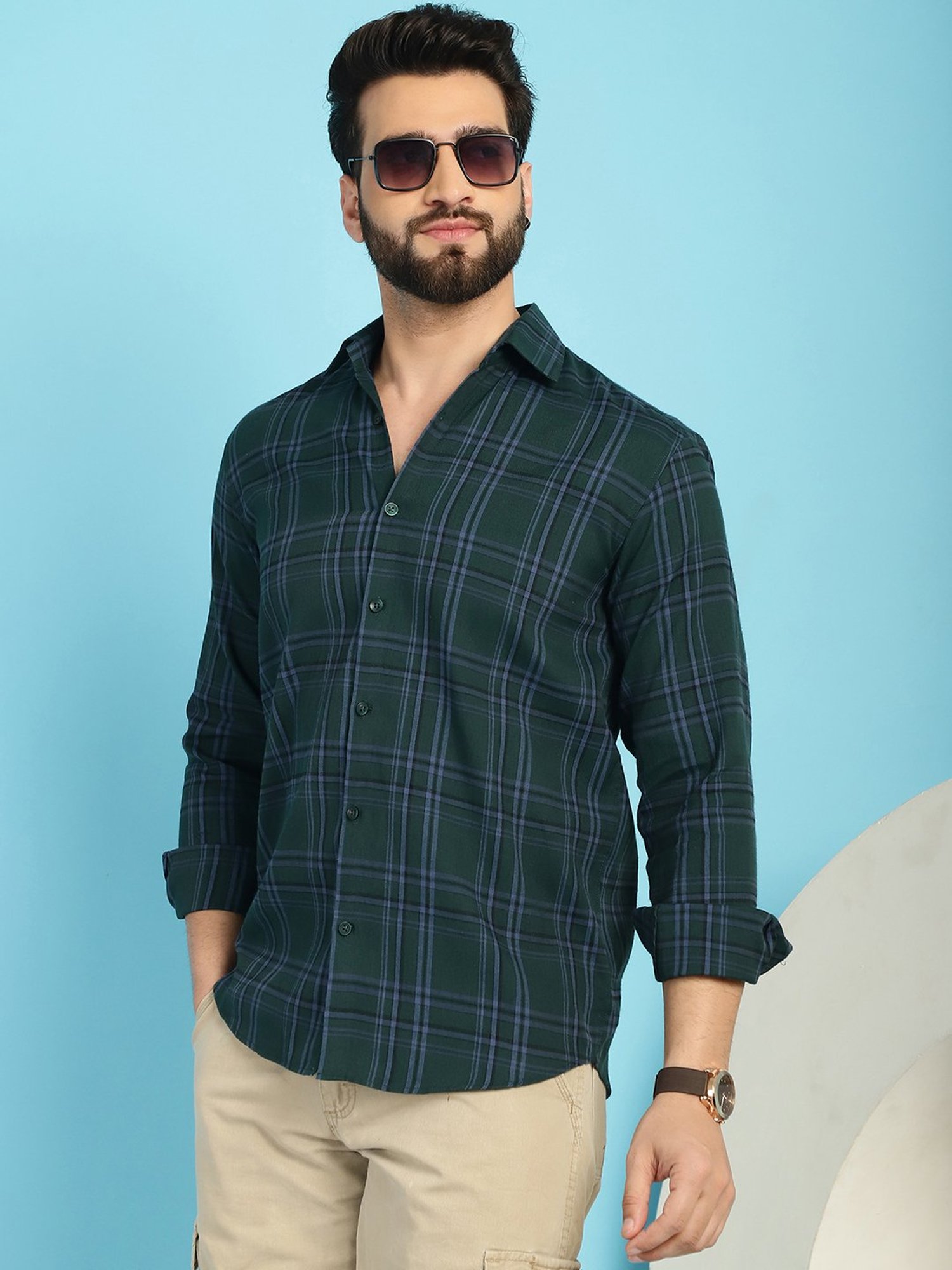 Indian Needle Dark Green Regular Fit Check Cotton Shirt