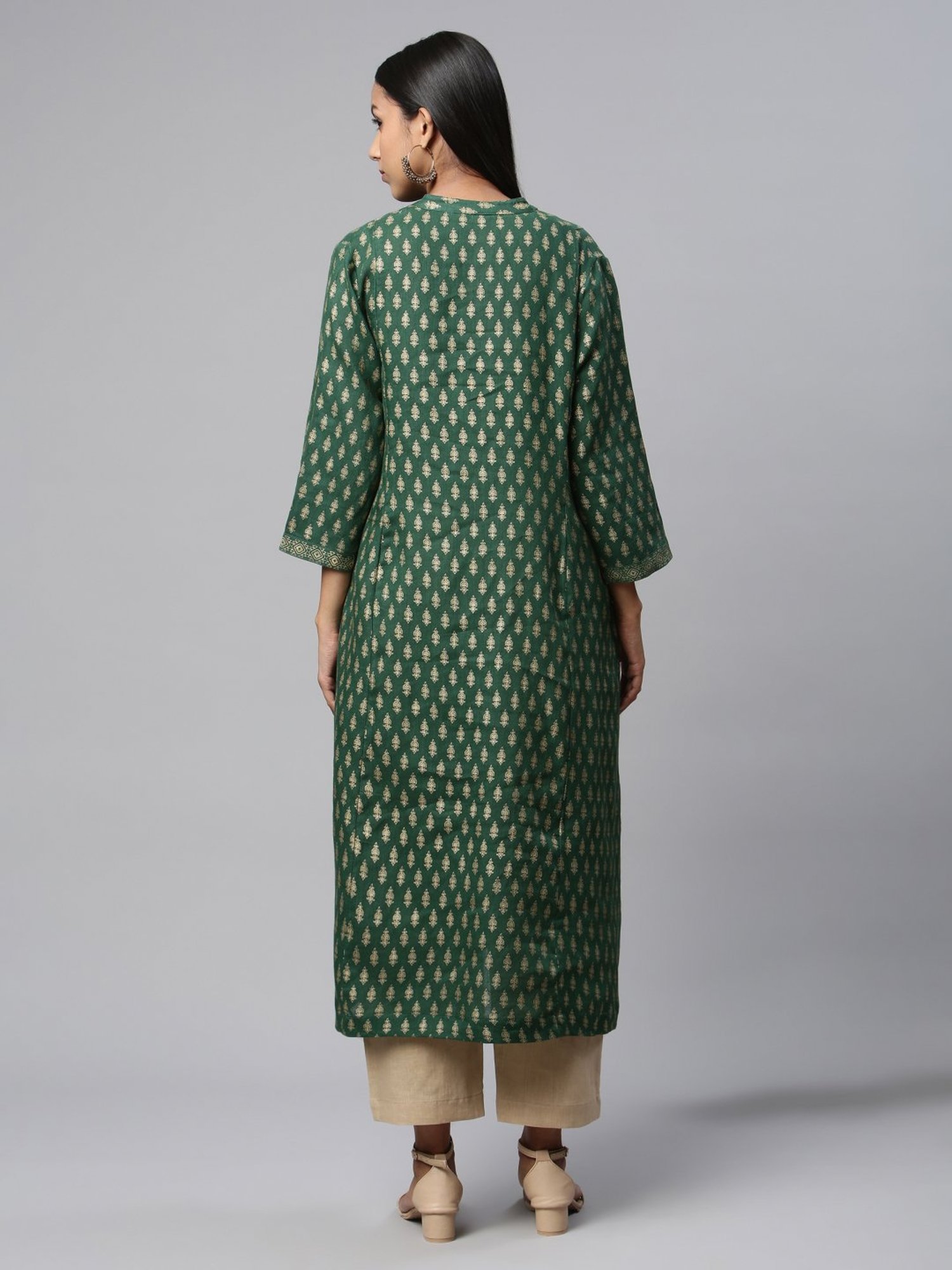 Linen Club Woman Green Linen Printed A Line Kurta